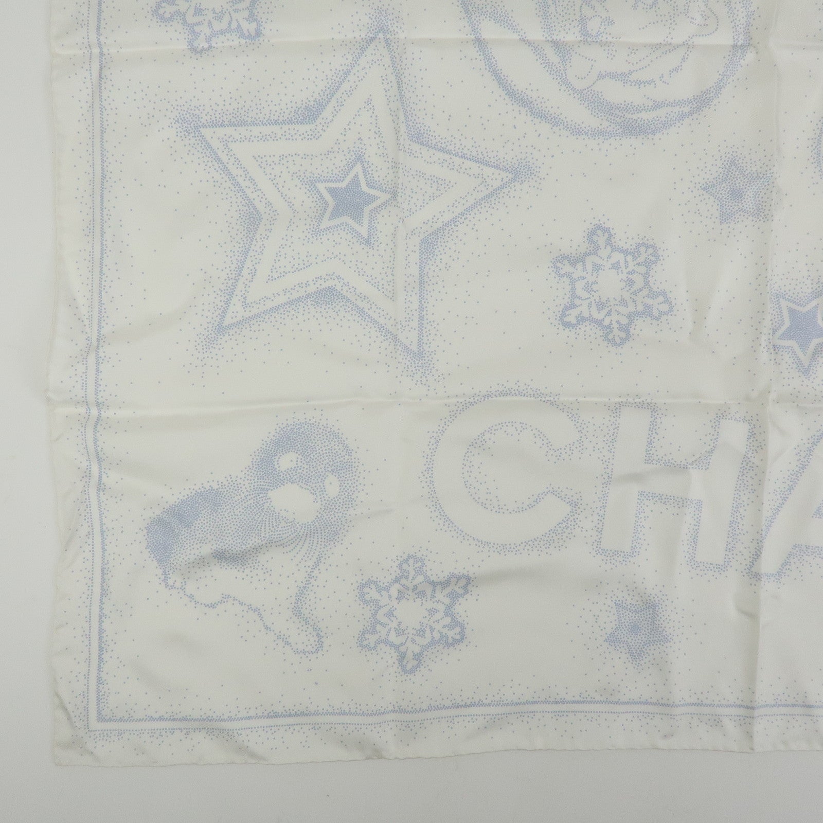 CHANEL Camelia COCO Mark Silk 100% Scarf Bear Penguin White Light Blue