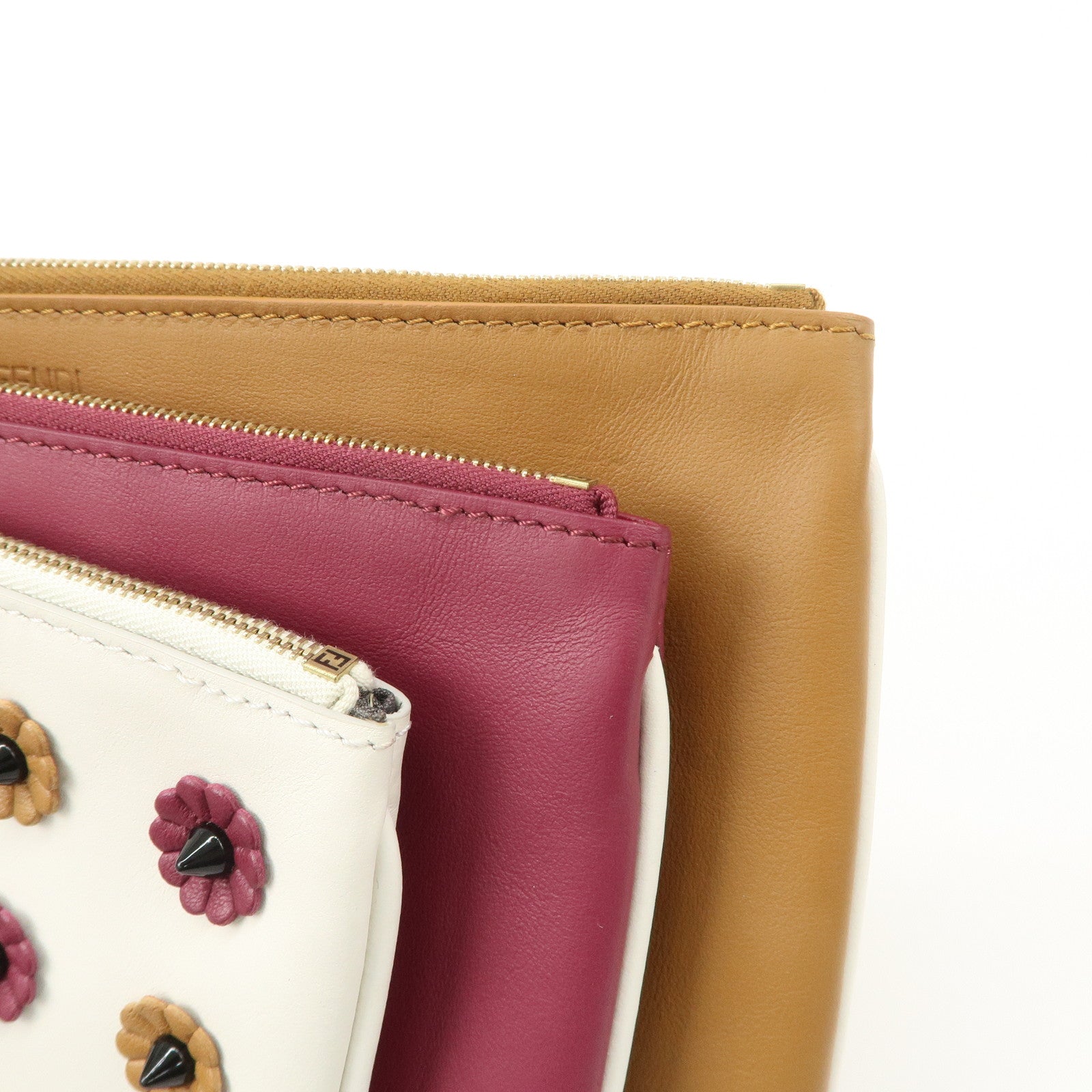 FENDI Leather Flower Studs Triplet Pouch Hand Bag 8BS001 Used