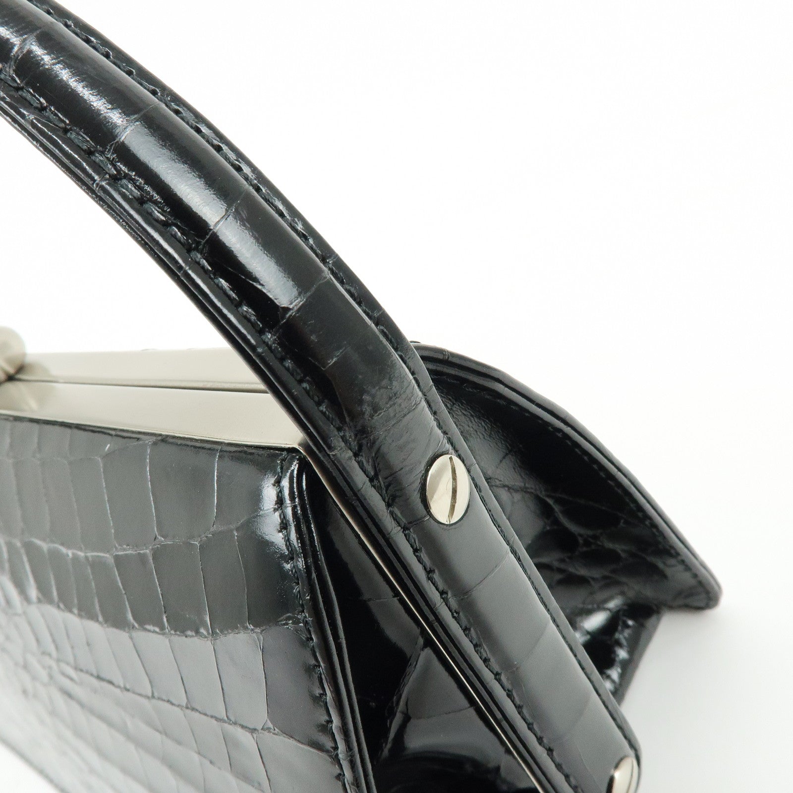 GIANNI VERSACE Embossed Leather Kiss Lock Top Handle Hand Bag Black