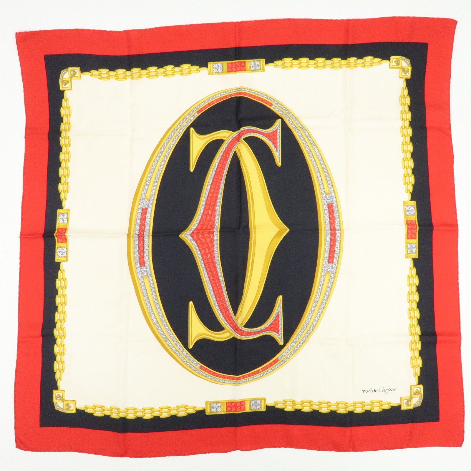 Cartier Lot of 2 Silk 100% Scarf Classic Chain Leopard Yellow Red White