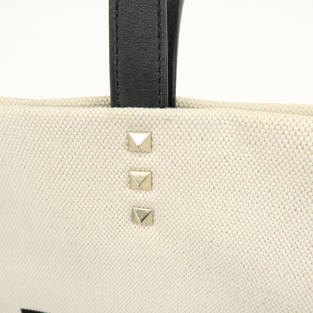 VALENTINO VLTN Rockstud Canvas Leather Tote Bag Hand Bag White Black