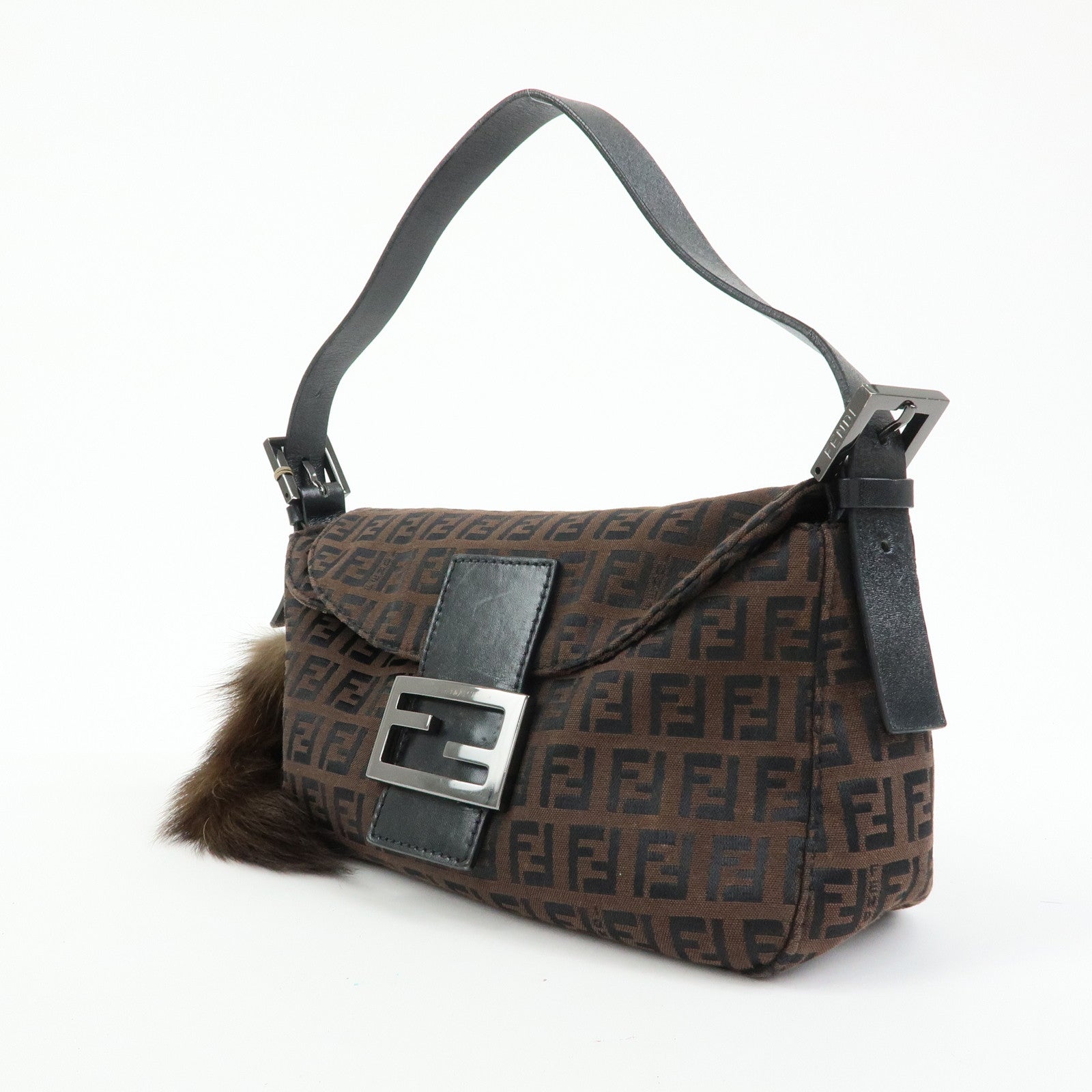 FENDI Zucchino Canvas Leather Shoulder Bag Hand Bag Brown Black 8BN003