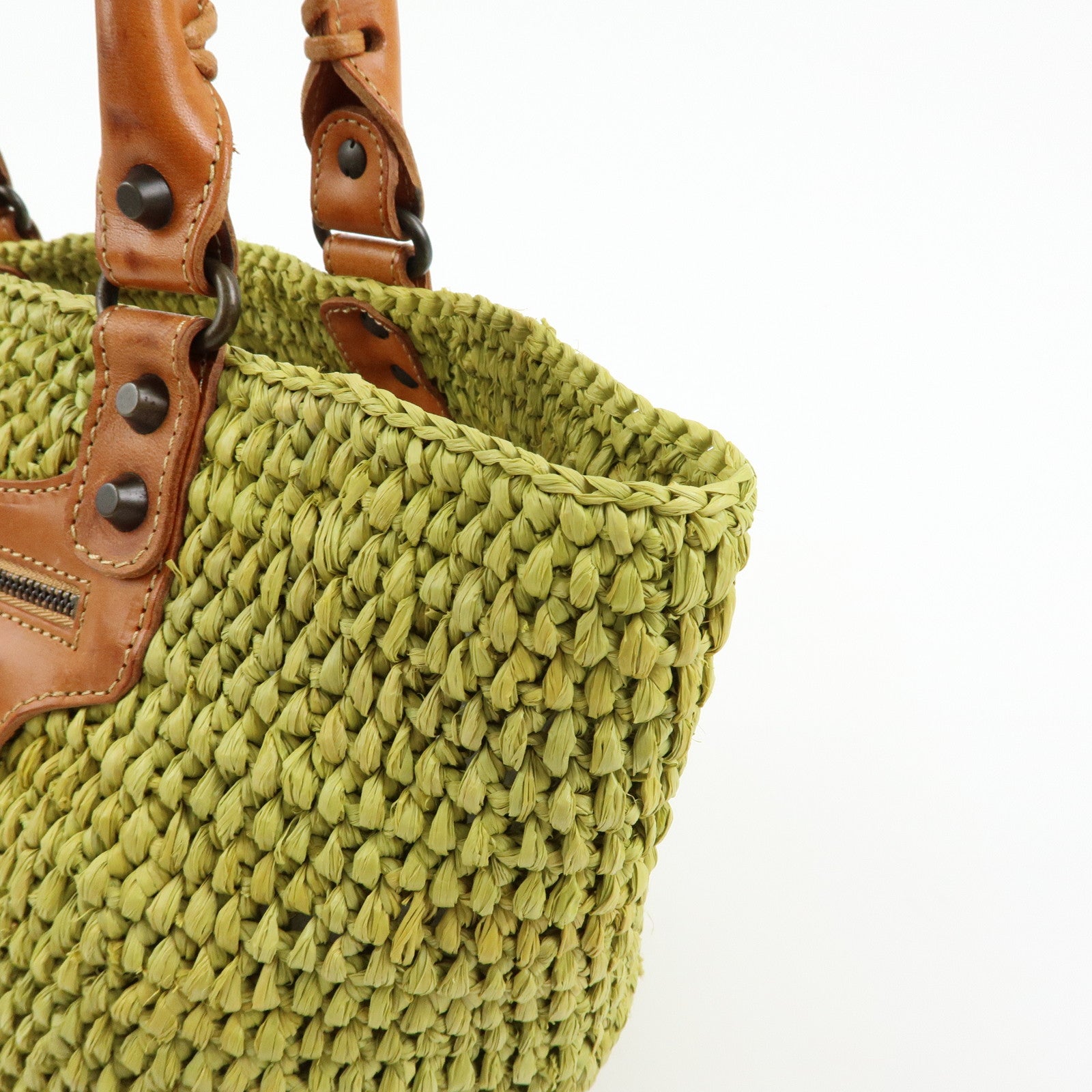 Balenciaga Panier Raffia Leather Basket Tote Bag Green Brown 236741