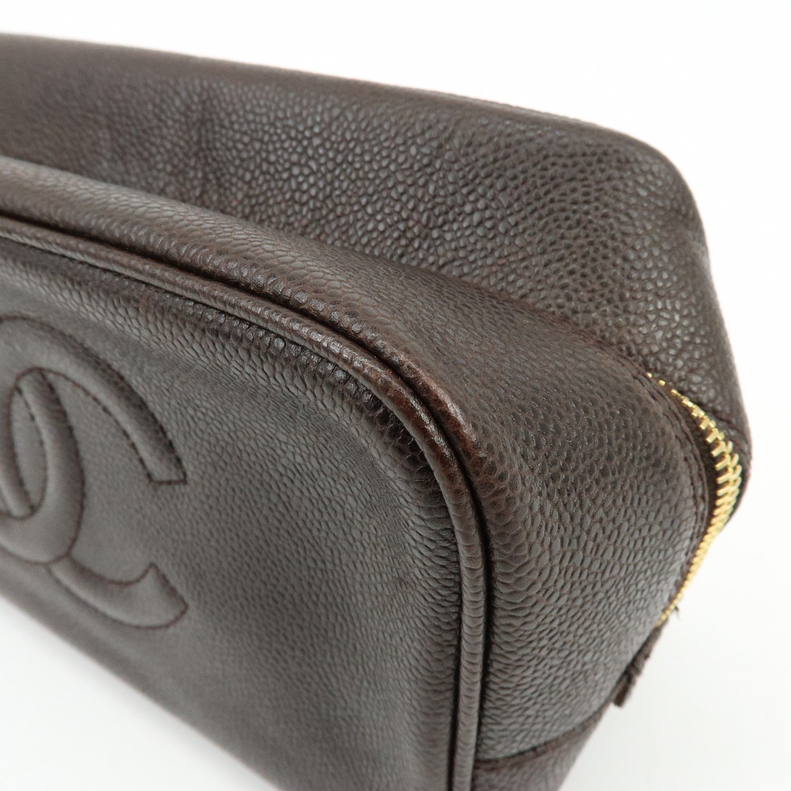 CHANEL COCO Mark Caviarskin Pouch Cosmetic Pouch Dark Brown A01996