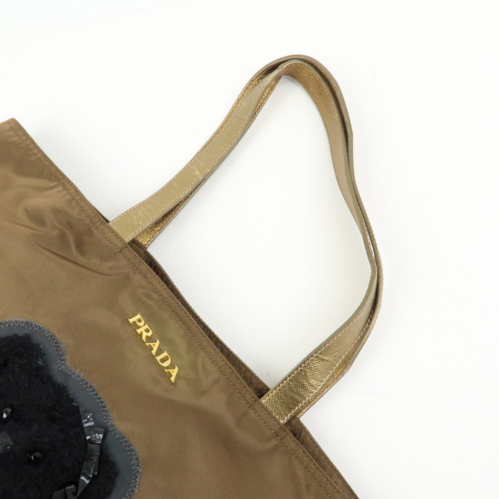 PRADA Bijoux Bear Motif Nylon Saffiano Leather Tote Bag Khaki Gold
