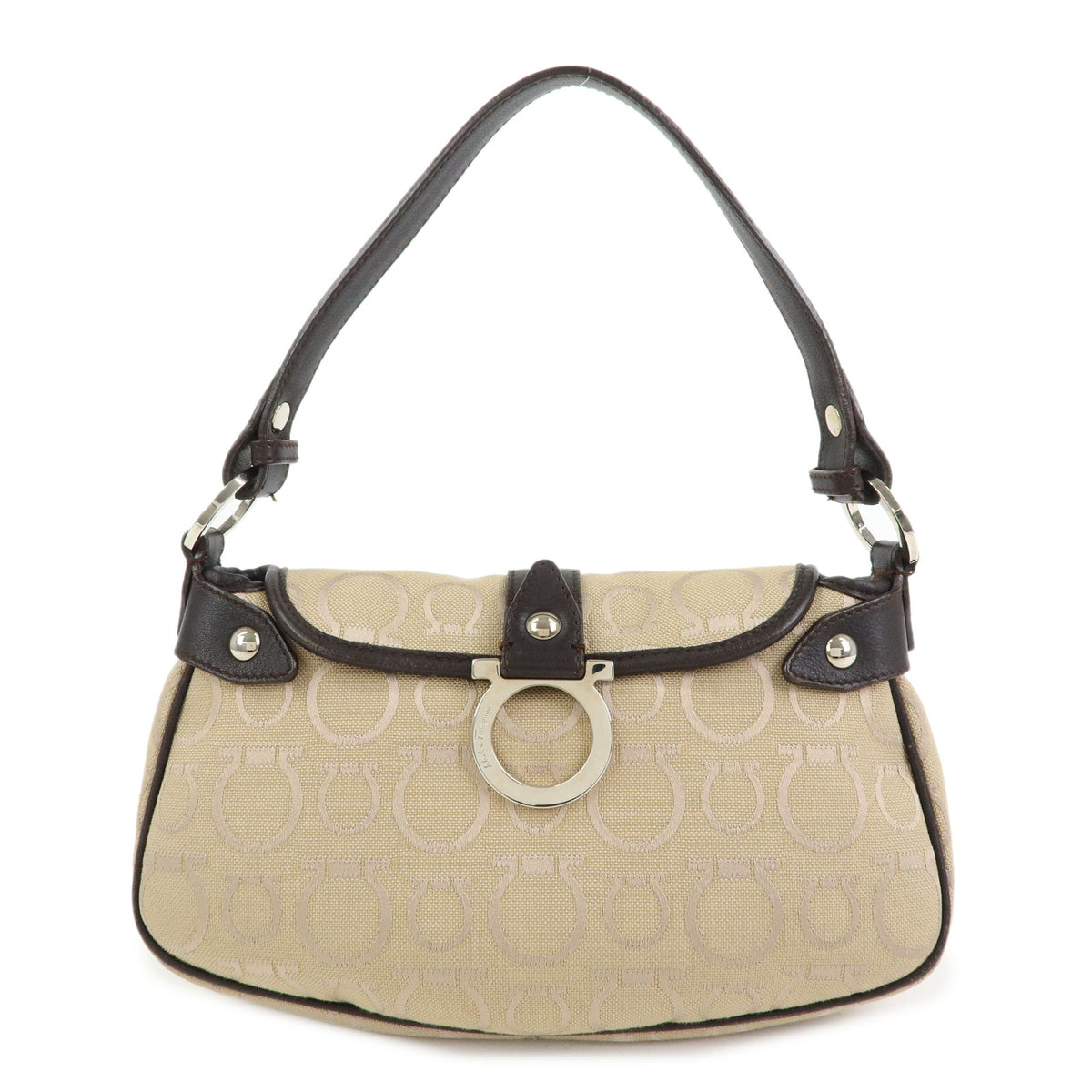 Ferragamo Gancini Jacquard Canvas Leather Hand Bag Beige Brown