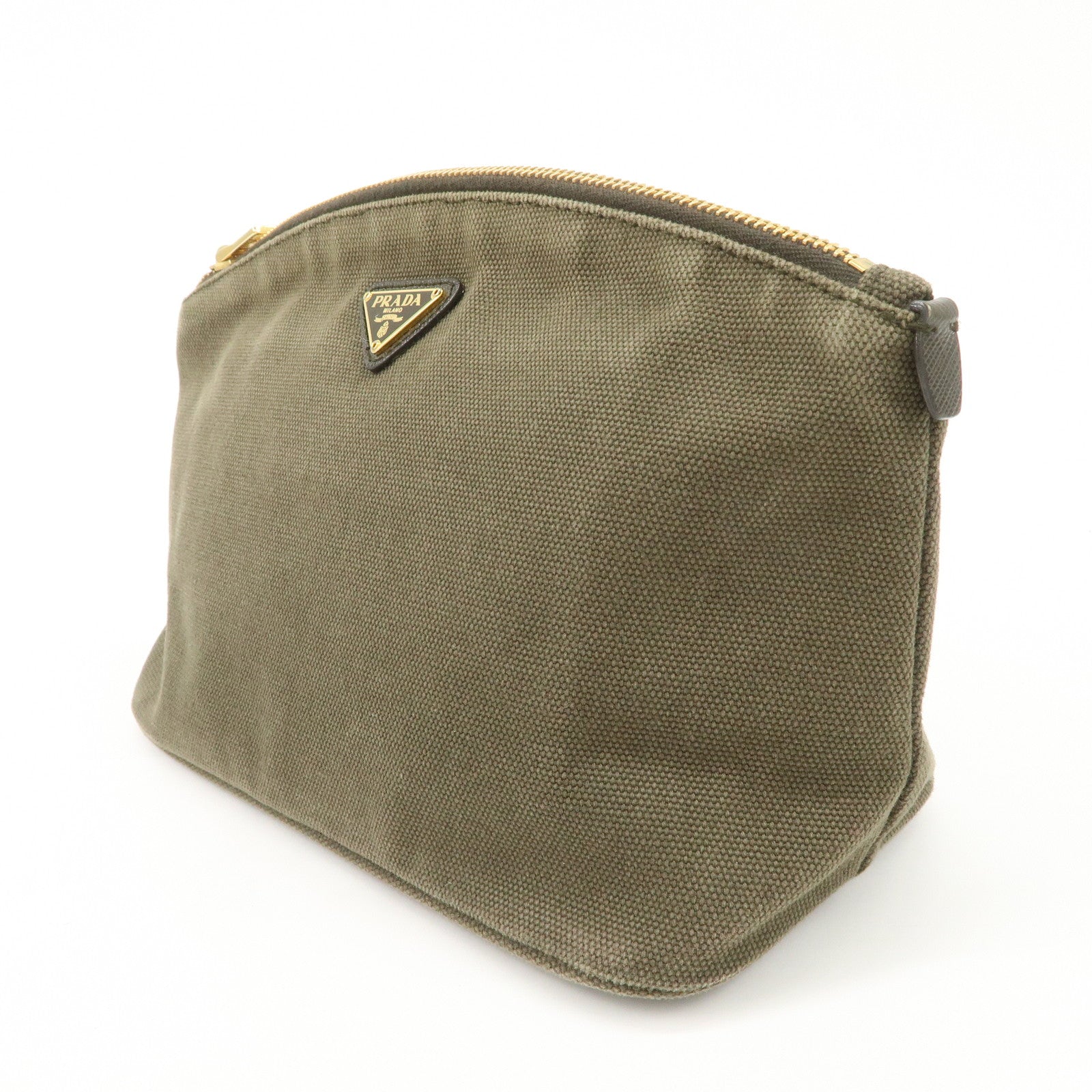 PRADA Triangle Logo Canvas Leather Cosmetic Pouch Khaki 1N1857 Used