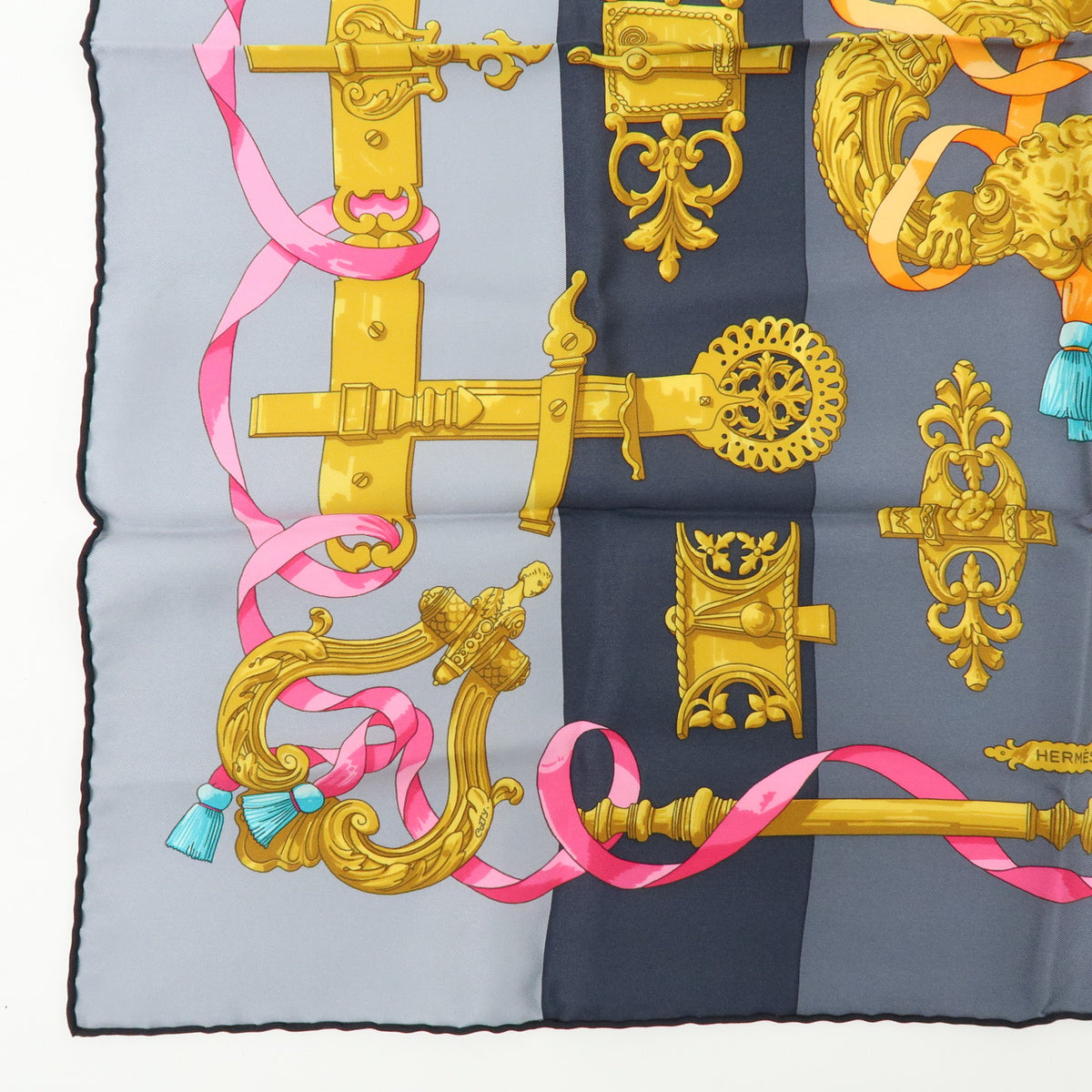 HERMES Carre 70 Silk 100% Scarf FERRONNERIE Gray Gold Pink