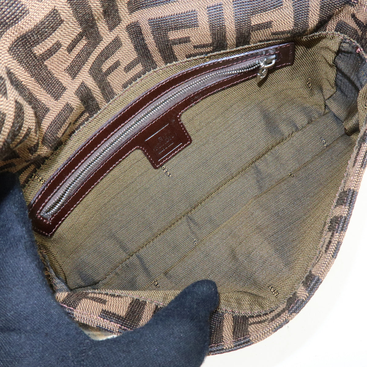 FENDI Mamma Baguette Jacquard Canvas Leather Shoulder Bag Brown 26424