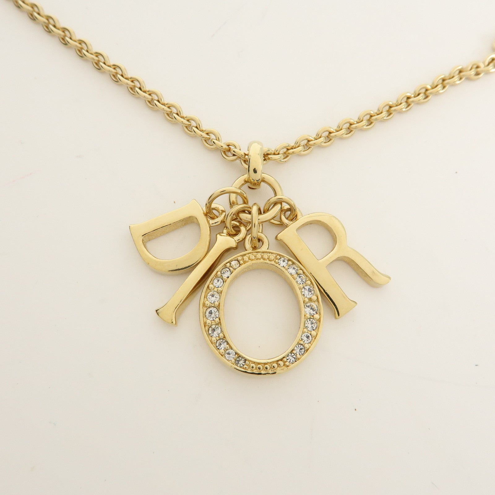 Christian Dior Logo Metal Rhinestone Pendant Necklace Gold