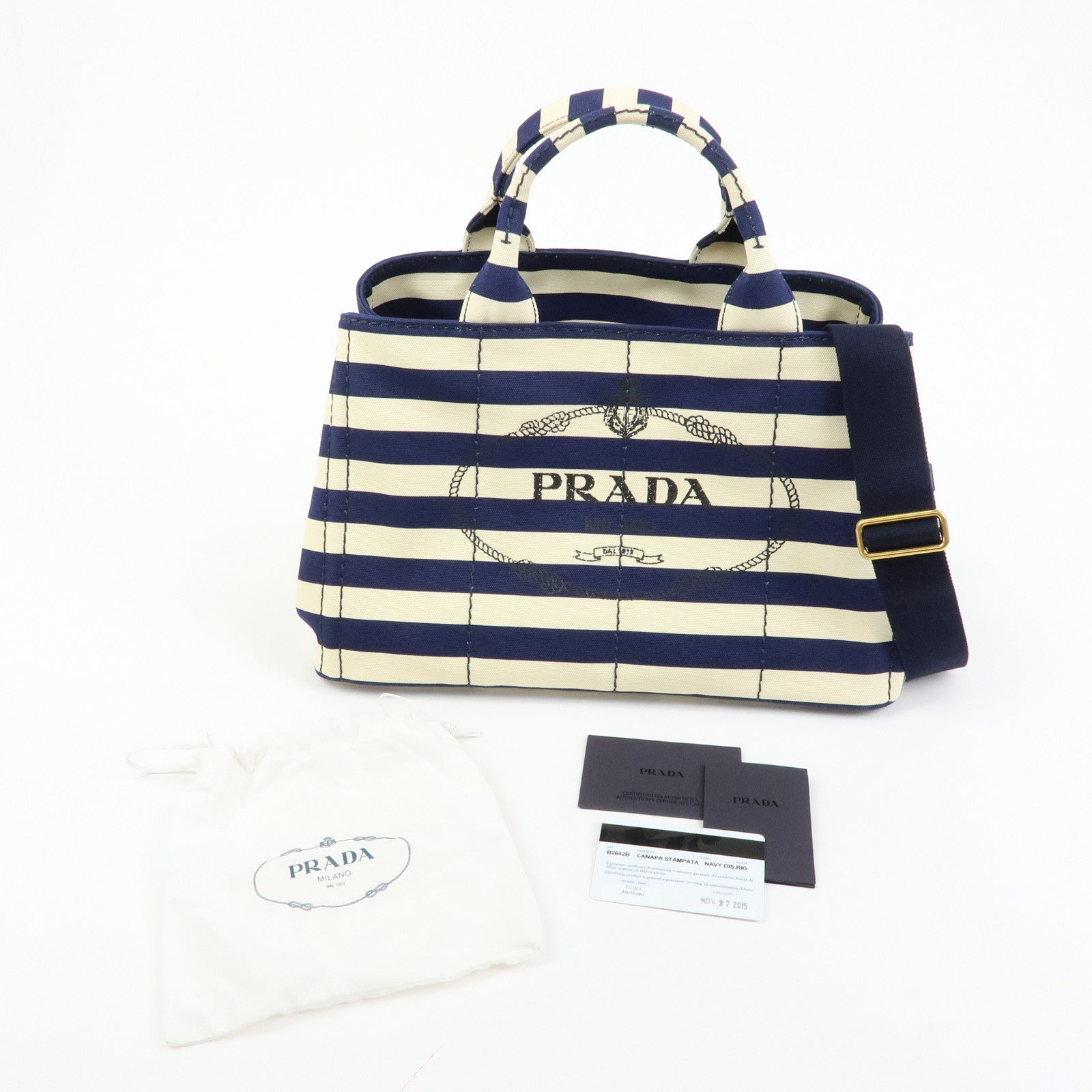 PRADA Canapa Canvas 2Way Bag Hand Bag Stripe Blue White B2642B