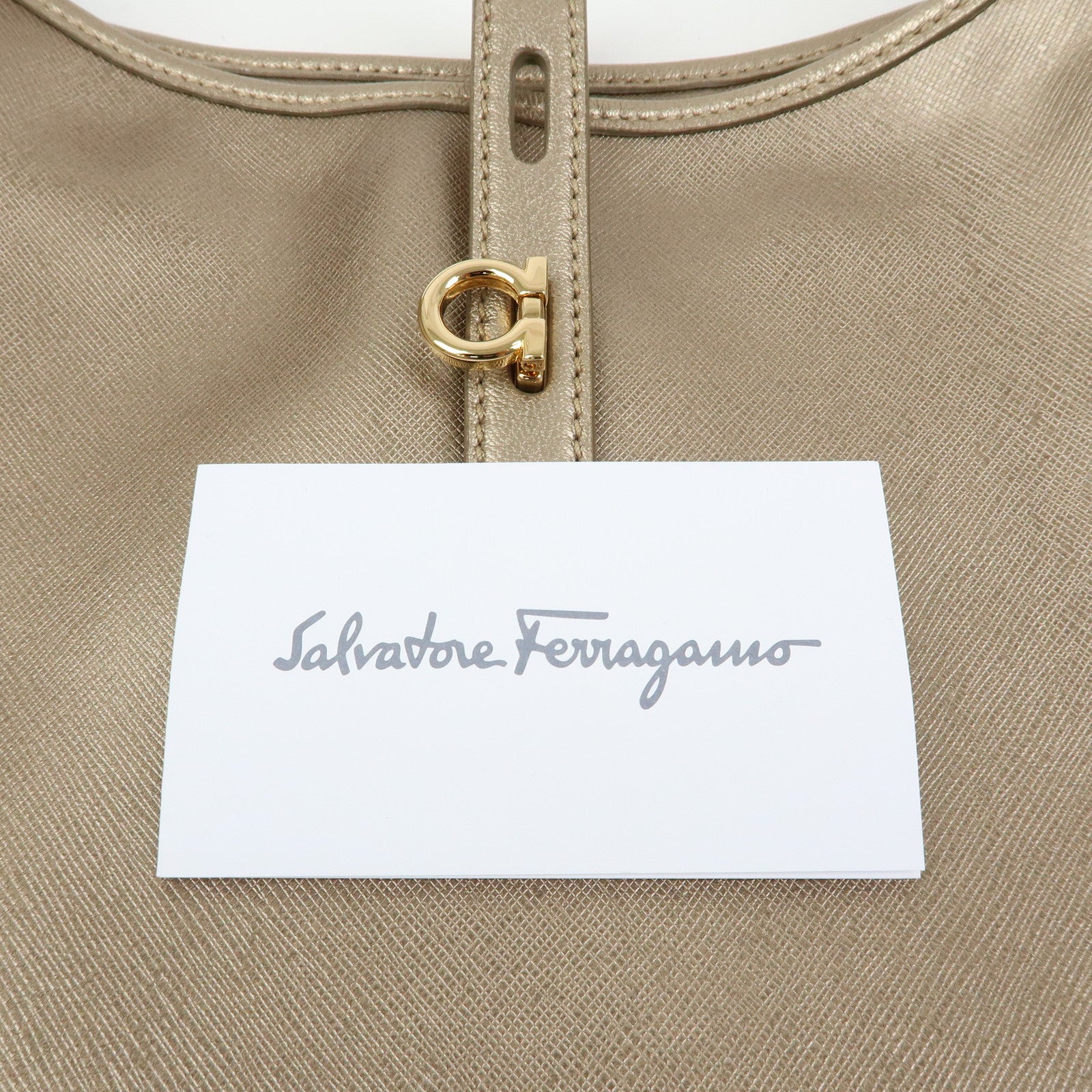 Ferragamo Gancini Leather Shoulder Bag Hand Bag Metallic Pink Beige