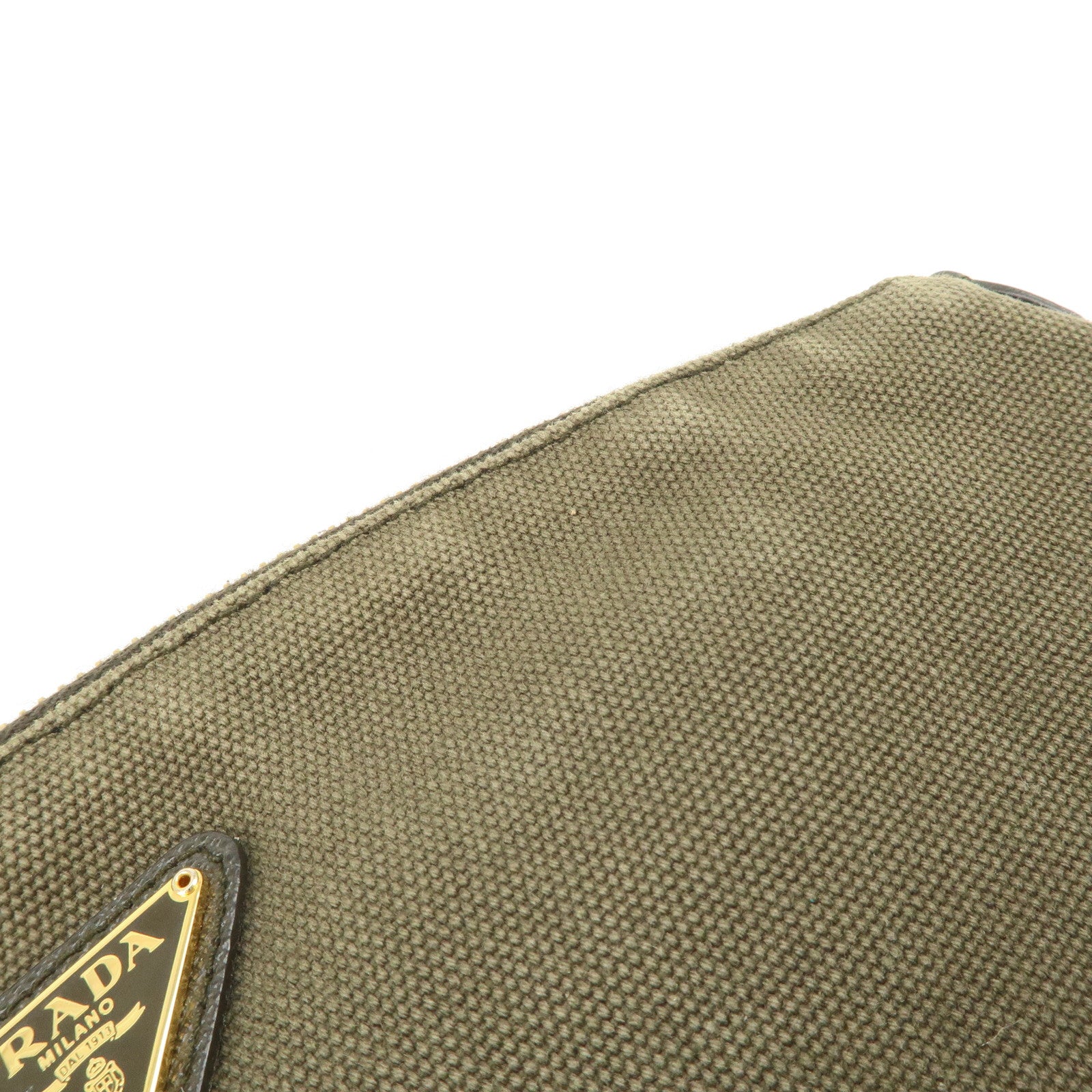 PRADA Triangle Logo Canvas Leather Cosmetic Pouch Khaki 1N1857 Used