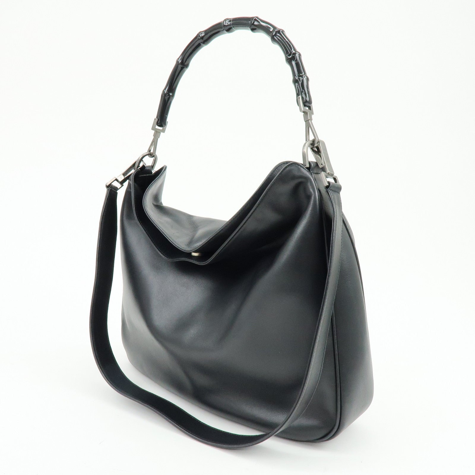 GUCCI Bamboo Leather 2Way Bag Shoulder Bag Hand Bag Black 0011577