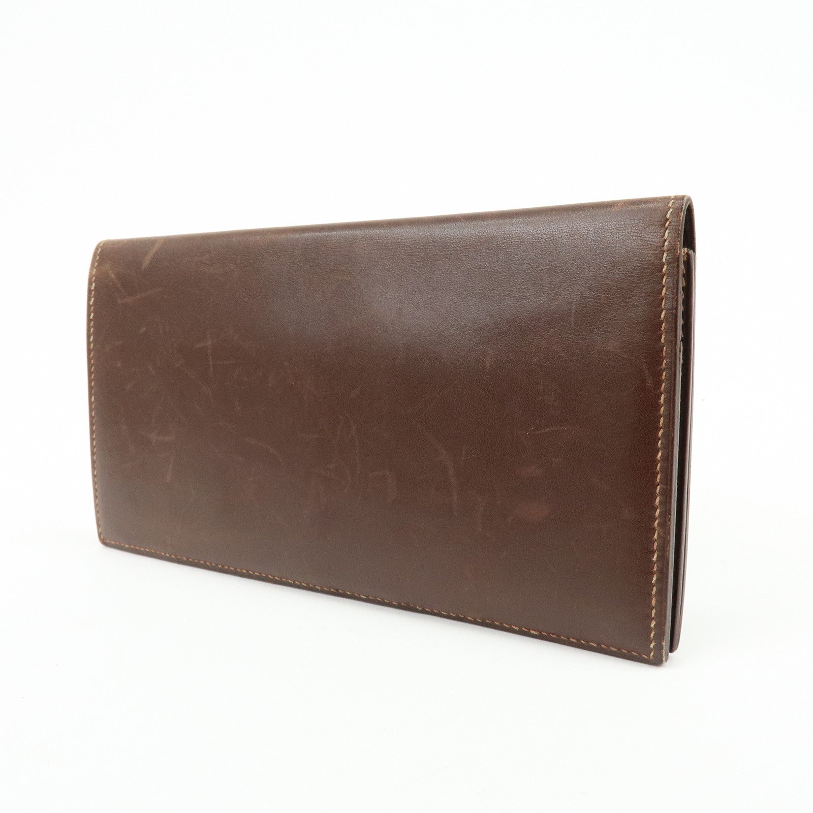 HERMES Box Calf Leather Long Bi-fold Wallet ☐FStamped Brown