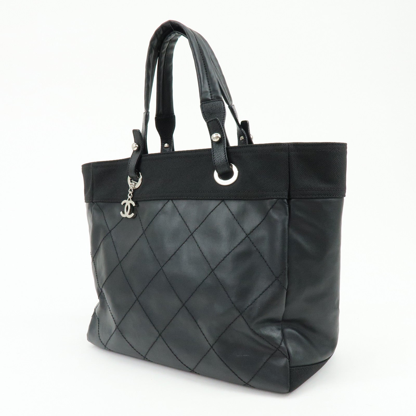 CHANEL Paris Biarritz COCO Mark Leather Canvas Tote Bag Black A34209