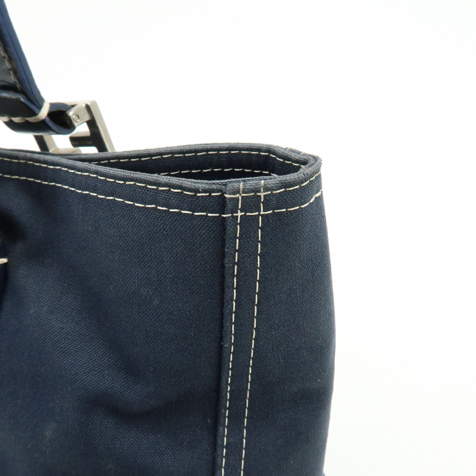 FENDI Canvas Leather Tote Bag Hand Bag White Stitch Navy 26693