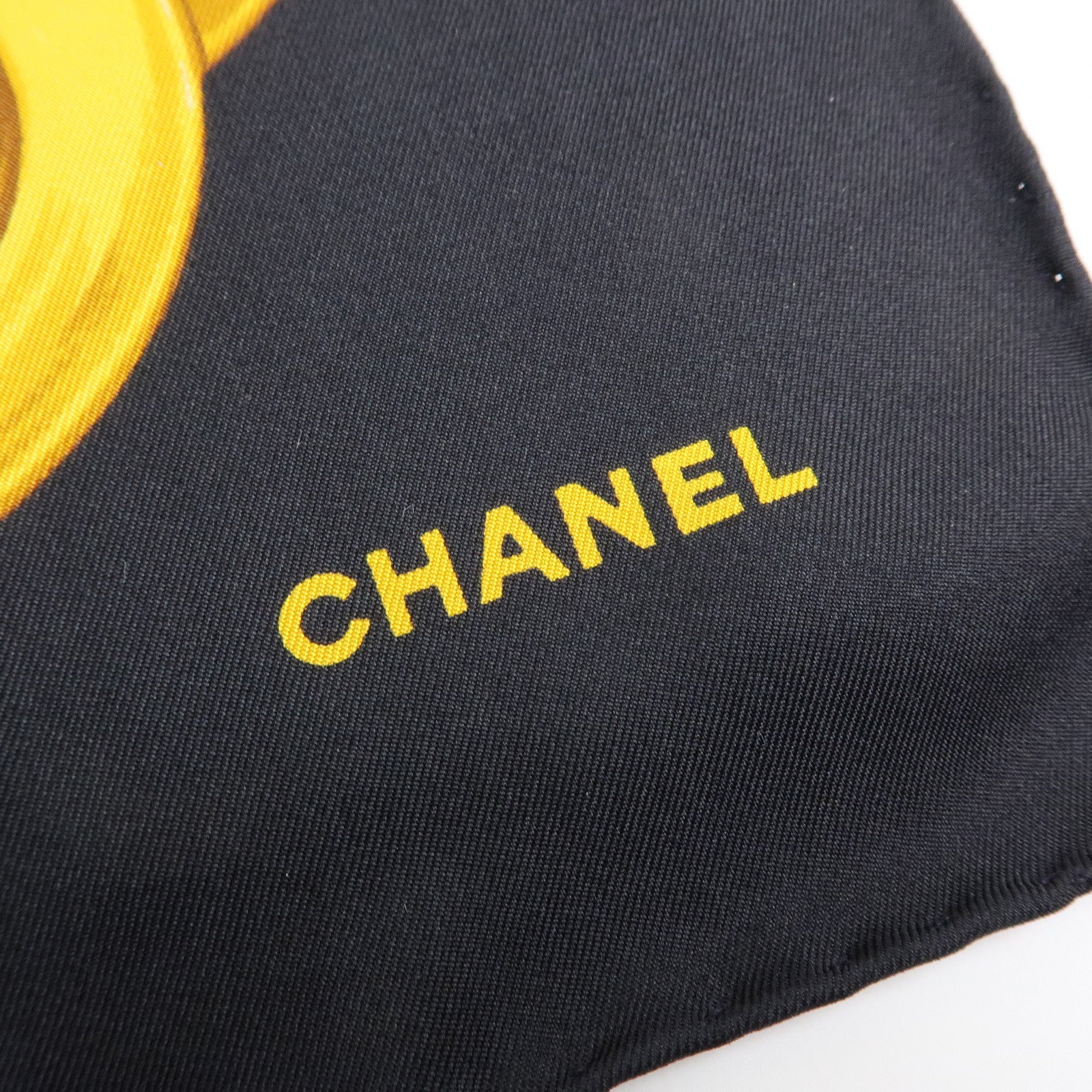 CHANEL COCO Mark Silk 100% Scarf Camellia Flower Black White Gold