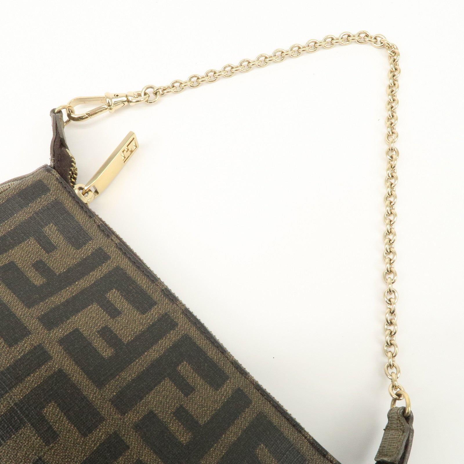 FENDI Zucca PVC Leather Chain Accessory Pouch Hand Bag Brown 8M0264 Used