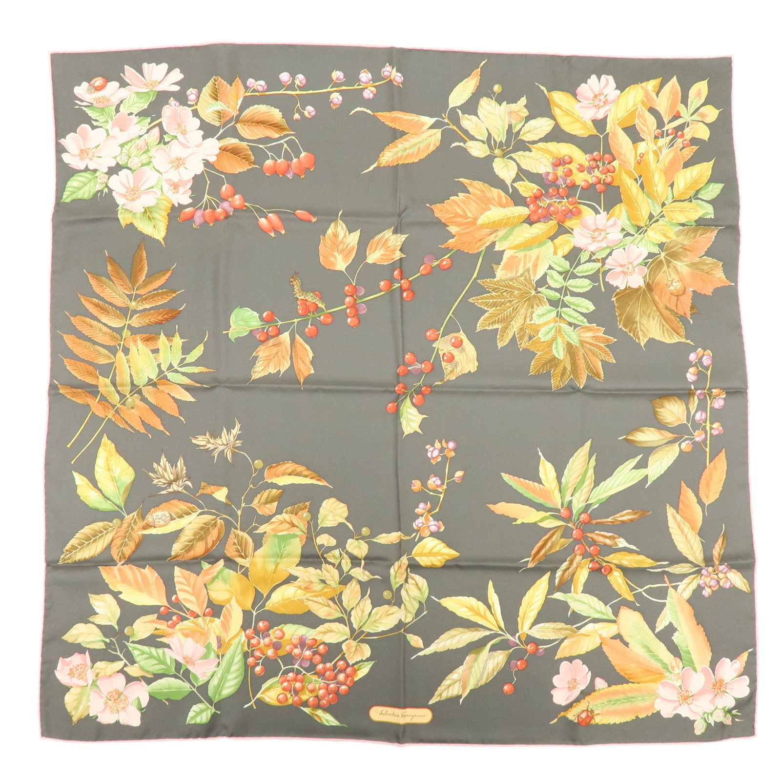 Ferragamo Silk100% Flower Print Scarf Shawl Gray Pink