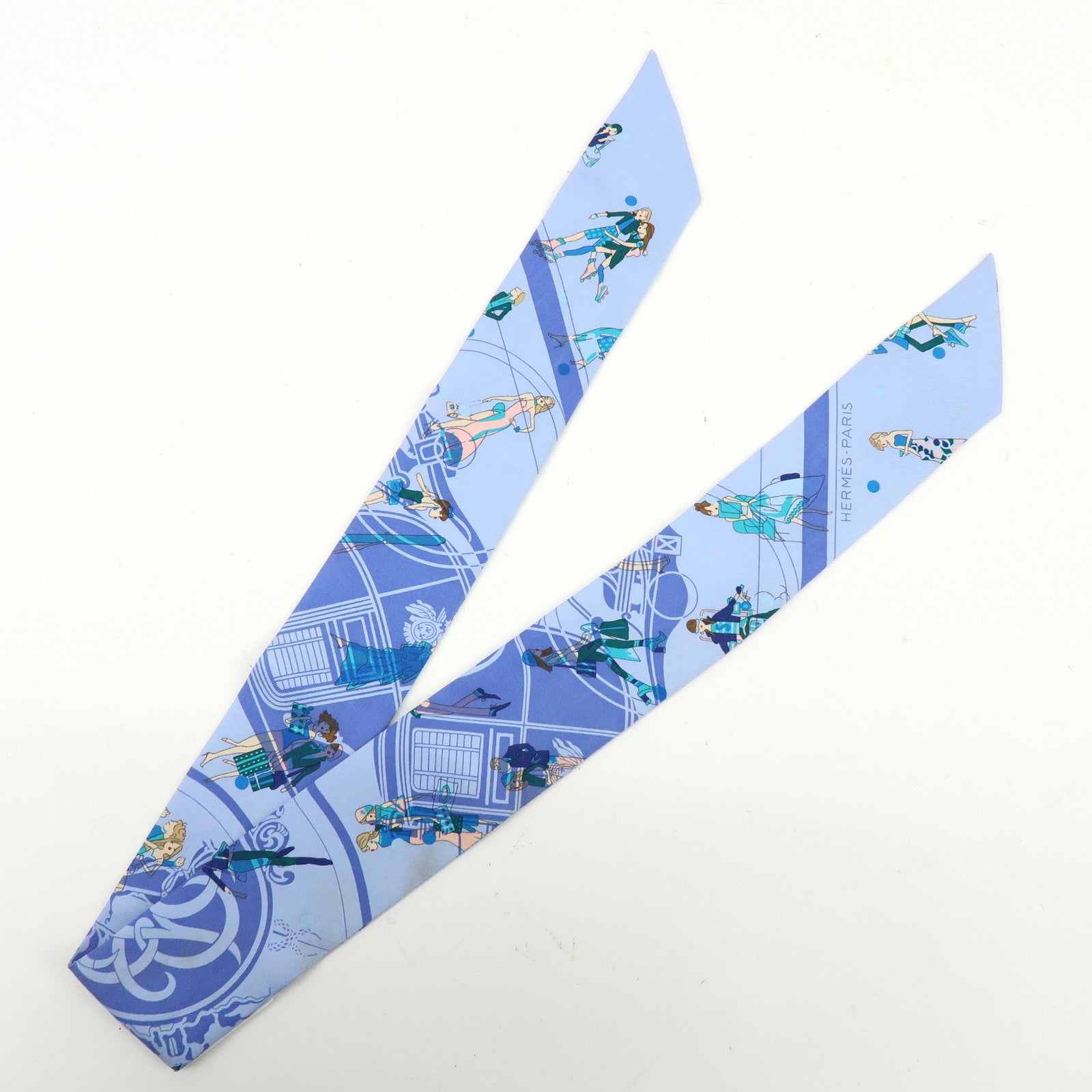 HERMES Twilly Silk 100% Scarf Ex-Libris Les Parisiennes Light Blue