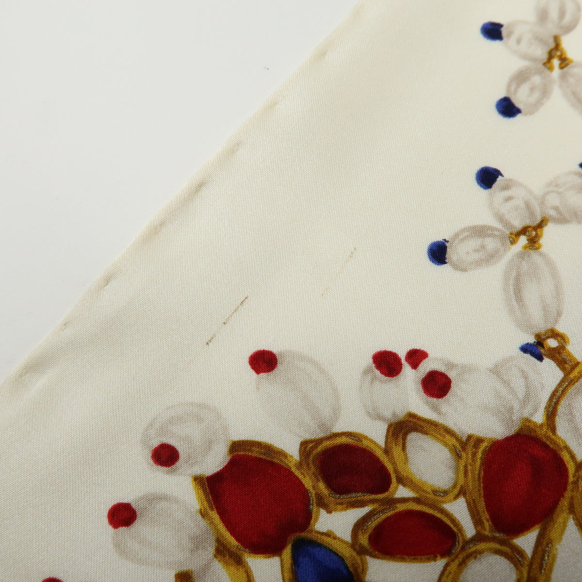 CHANEL COCO Mark Silk 100% Scarf Pearl Jewerly Motif White Red Blue