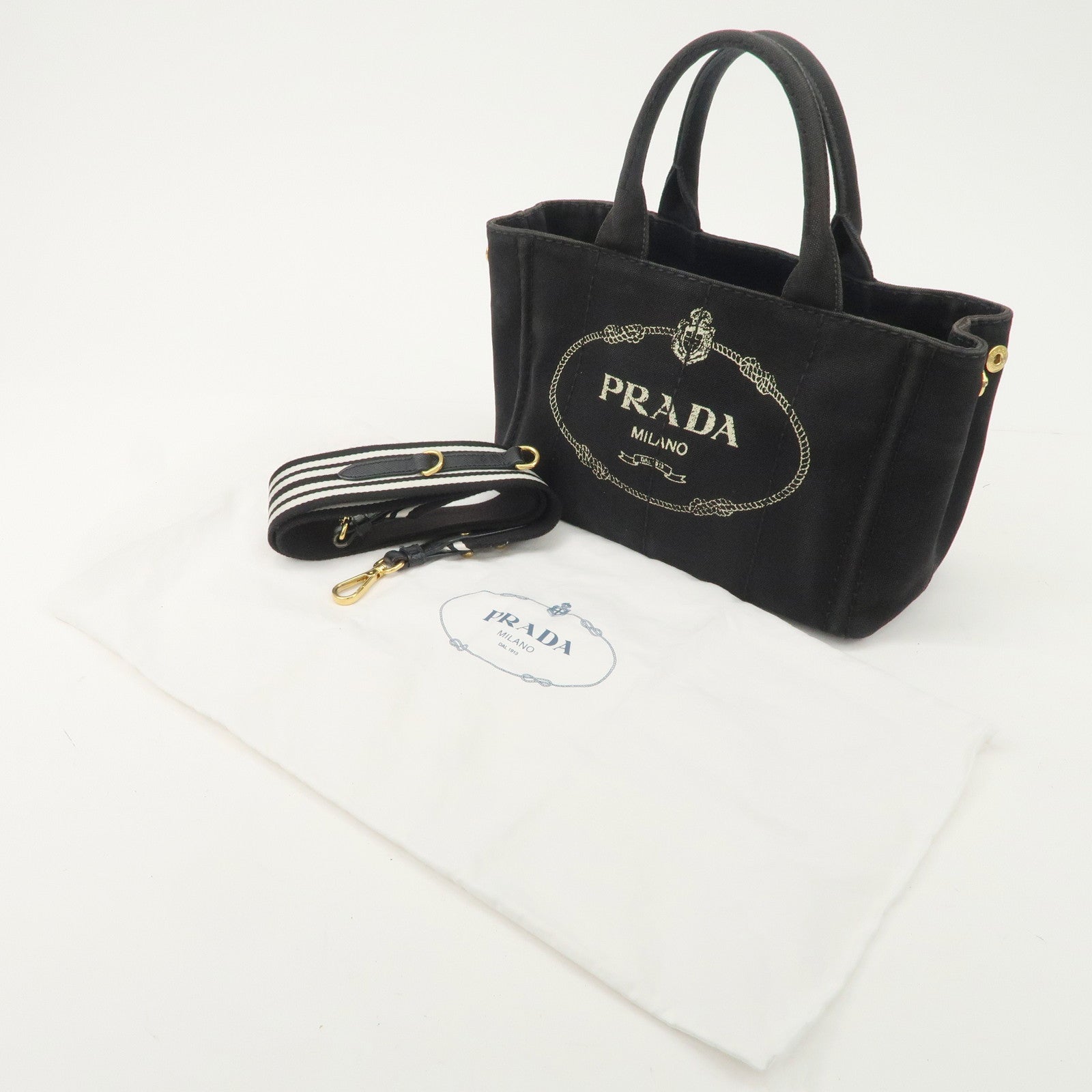 PRADA Logo Denim Canapa Canvas 2 Way Tote Bag Hand Bag Black B2642B Used