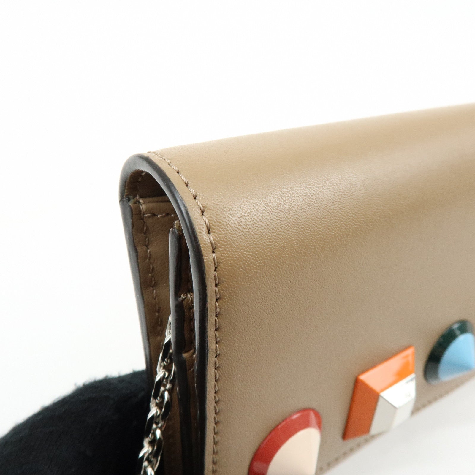 FENDI Leather Studs Chain Shoulder Wallet Long Wallet Beige 8M0365