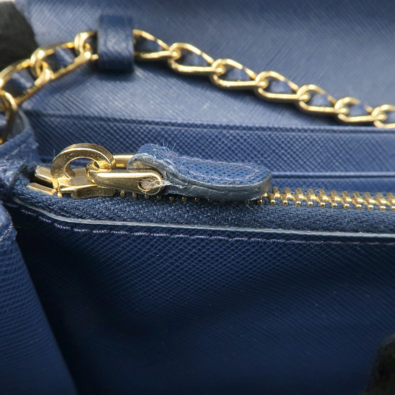PRADA Logo Leather Chain Wallet WOC Blue Gold Hardware 1MT290 Used