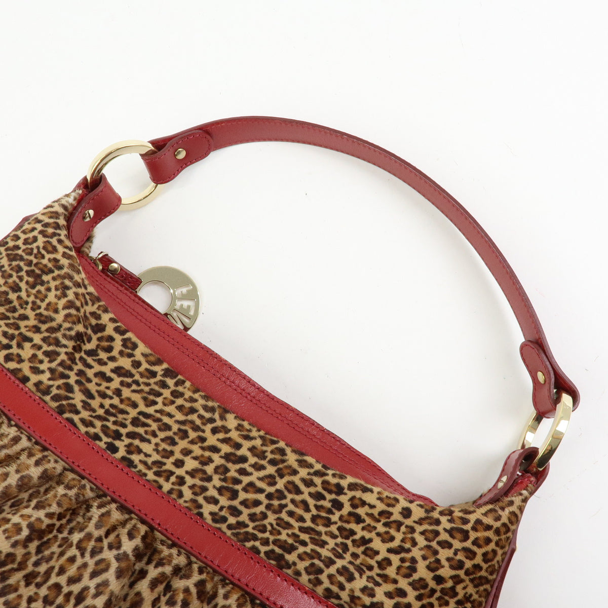 FENDI Pony Hair Leather Leopard Shoulder Bag Hand Bag Brown Red 8BR448