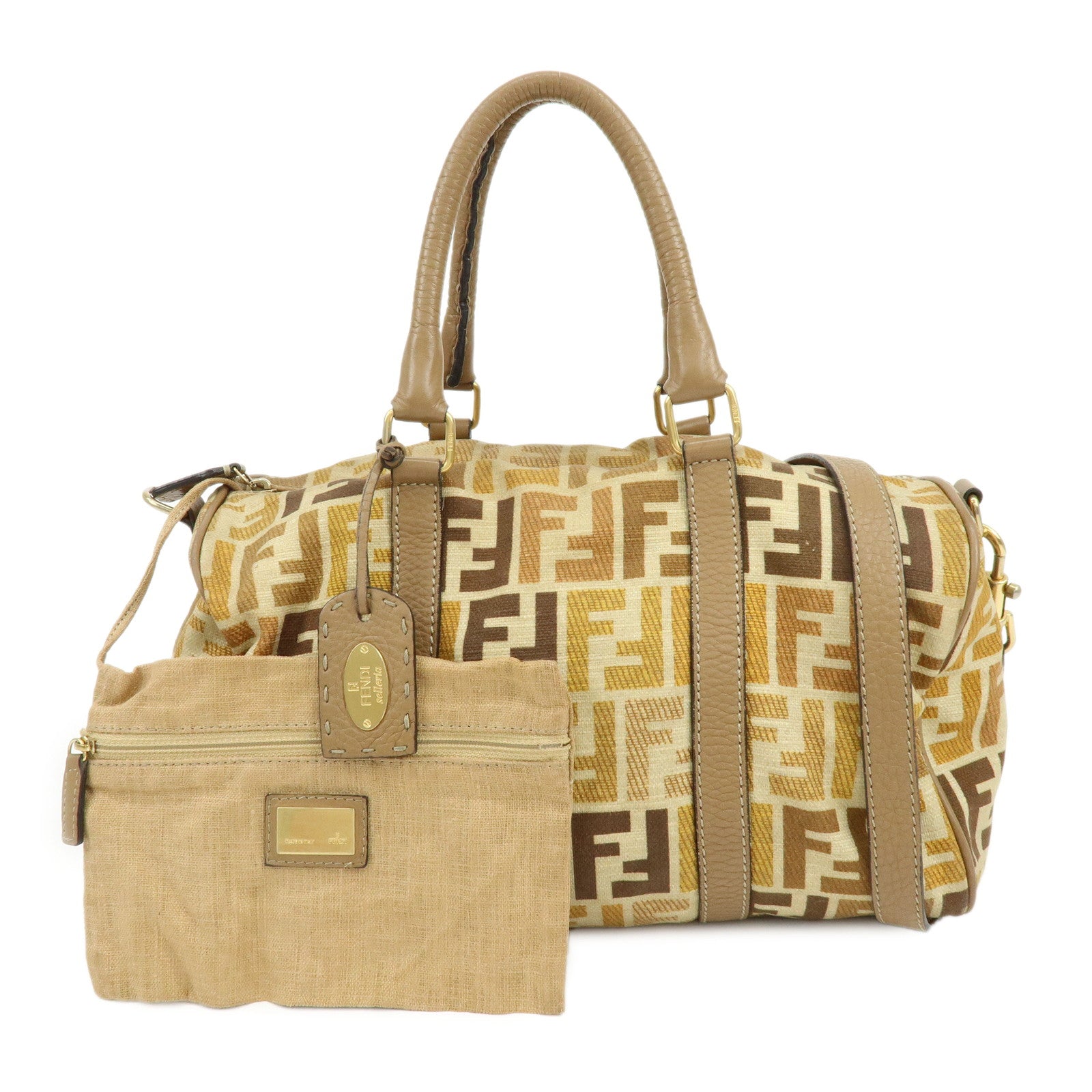 FENDI Zucca Seleria Canvas Leather 2Way Bag Shoulder Bag Brown Beige
