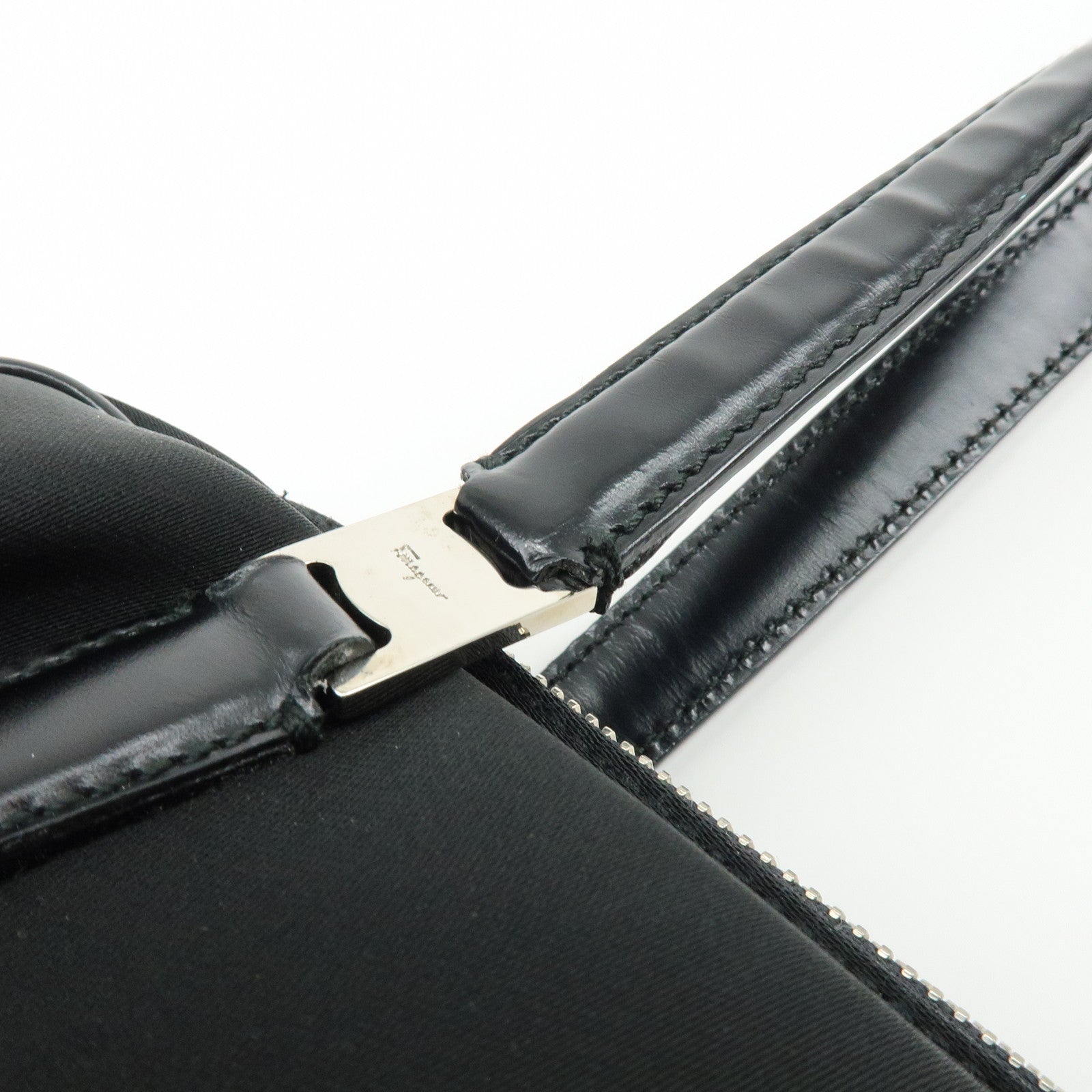 Ferragamo Nylon Leather Hand Bag Mini Boston Bag Black