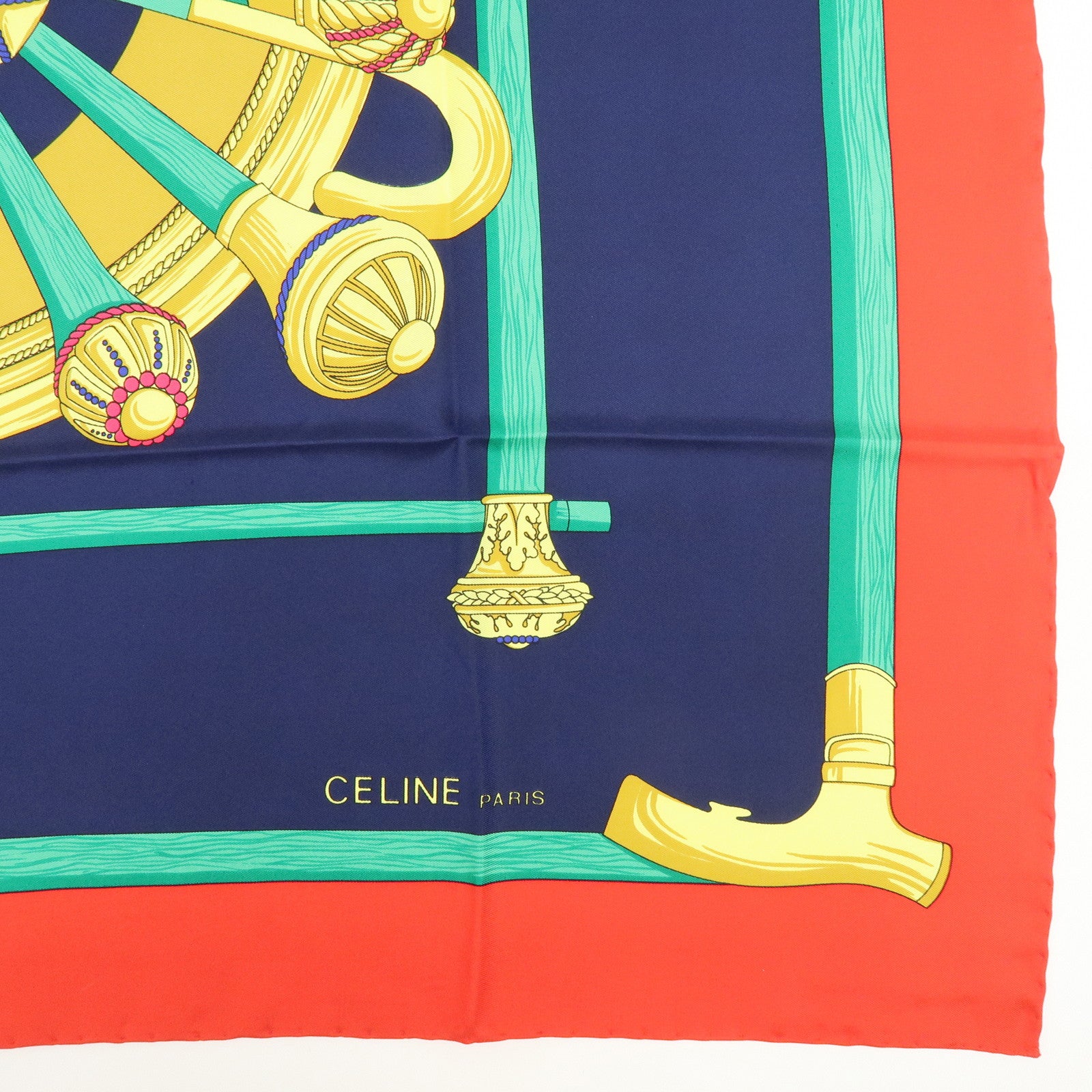 CELINE Set of 2 Silk 100% Scarf Stole Navy Red Gold