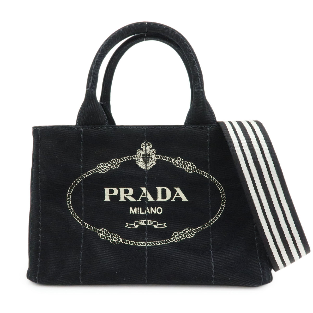 PRADA Triangle Logo Canapa Mini Canvas 2Way Hand Bag Black White 1BG439