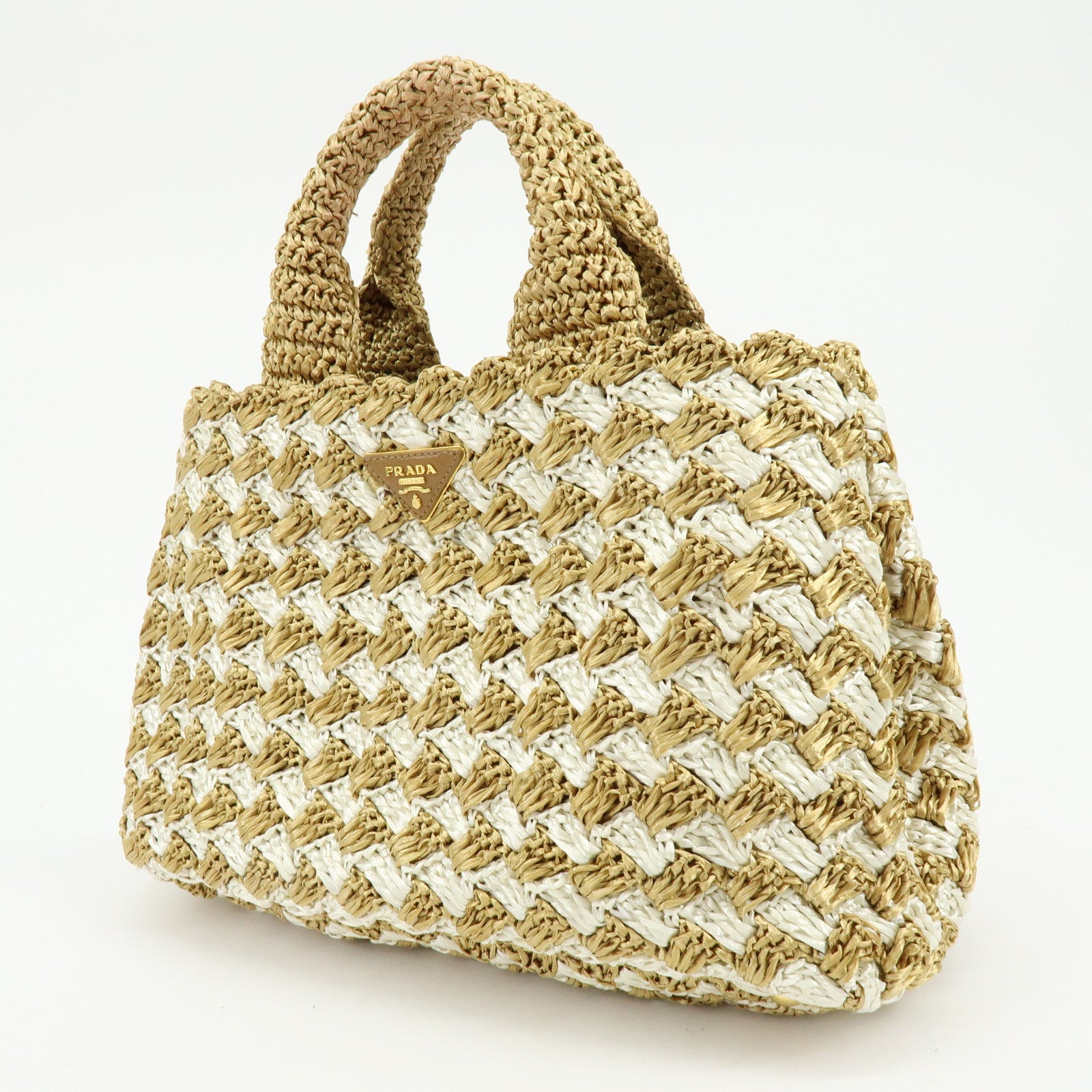 PRADA Traingle Logo Canapa Raffia Tote Bag Hand Bag Natural White