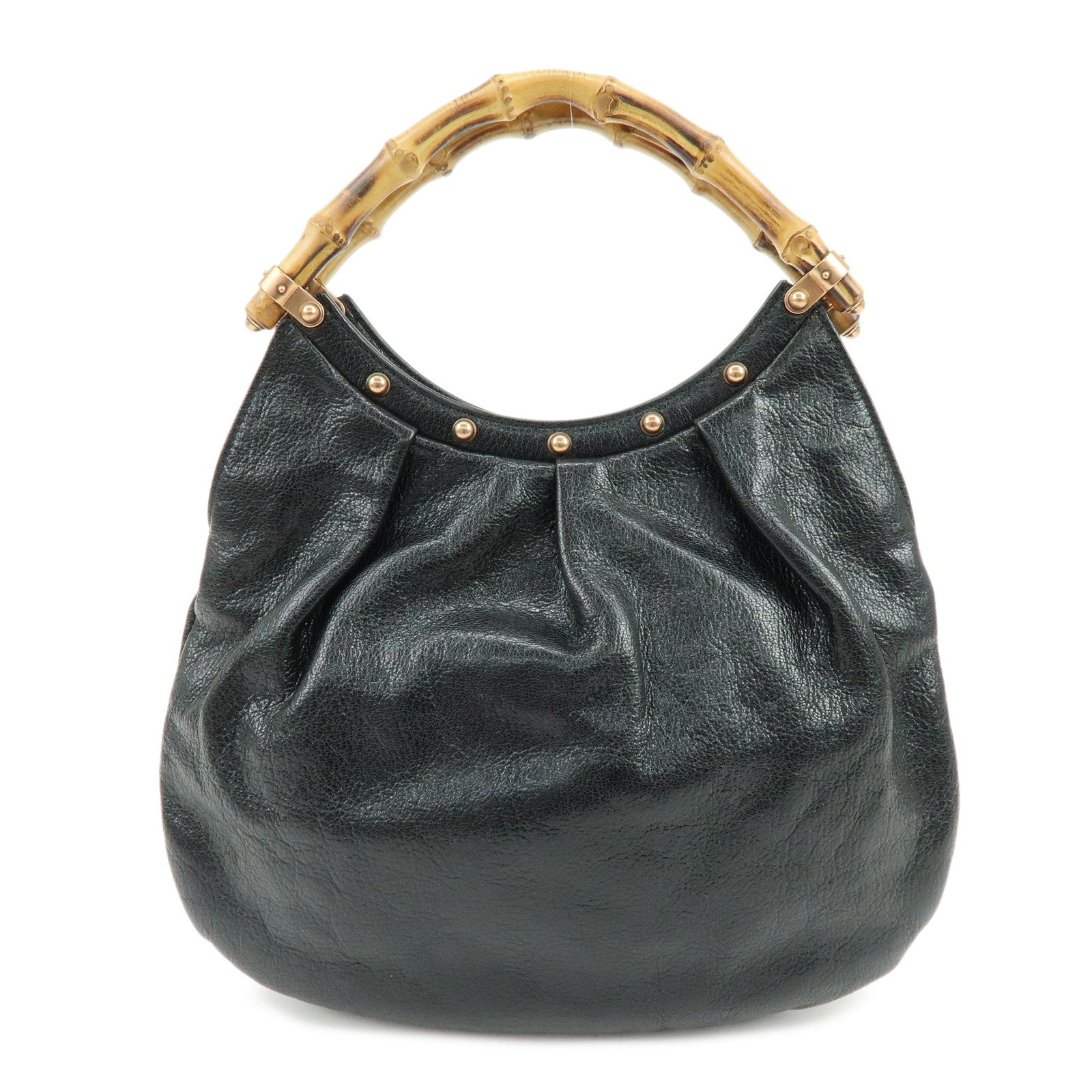 GUCCI Bamboo Leather Studs Hand Bag Tote Bag Black