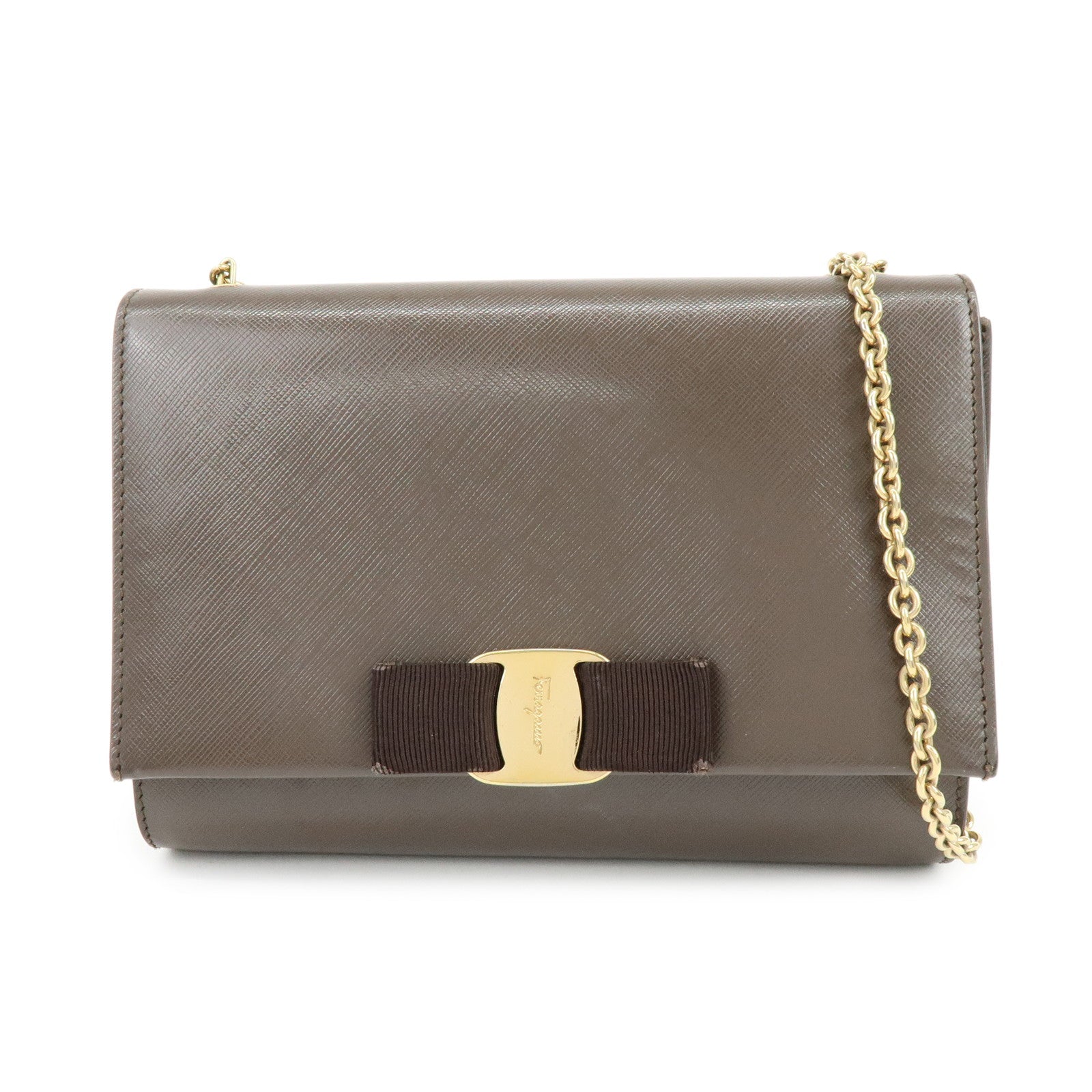 Ferragamo Vara Ribbon Embossed Leather Chain Shoulder Bag Brown