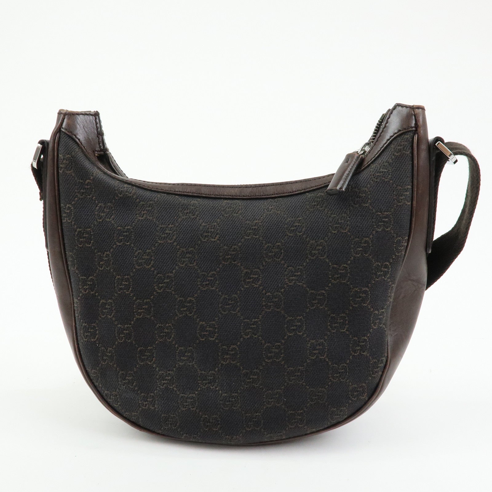 GUCCI GG Denim Leather Half Moon Shoulder Bag Dark Brown 101682