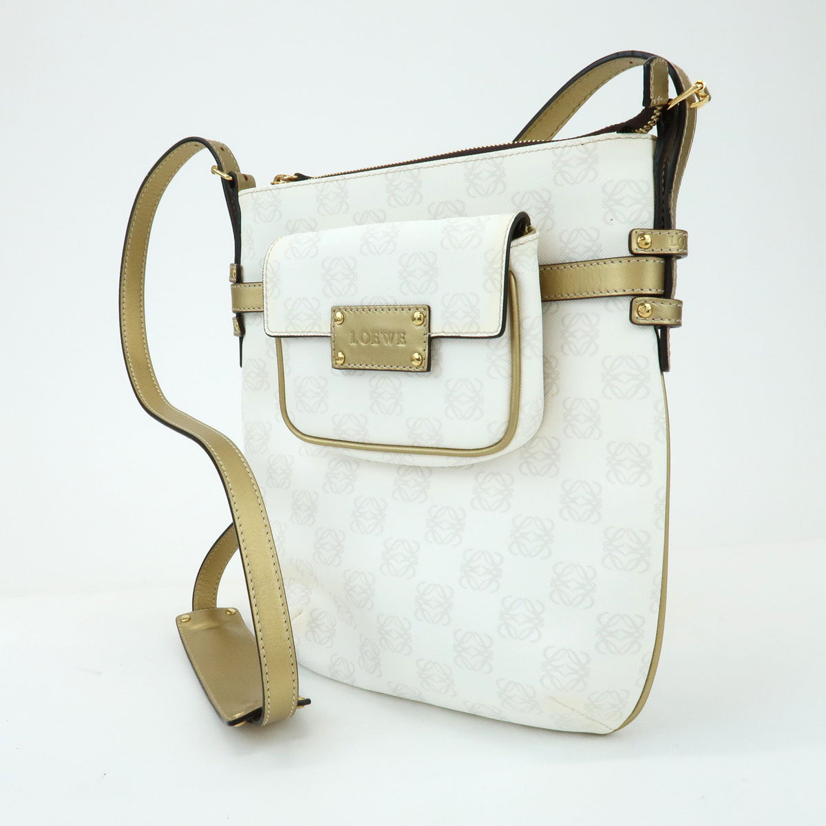 LOEWE Repeat Anagram PVC Leather Shoulder Bag White Gold