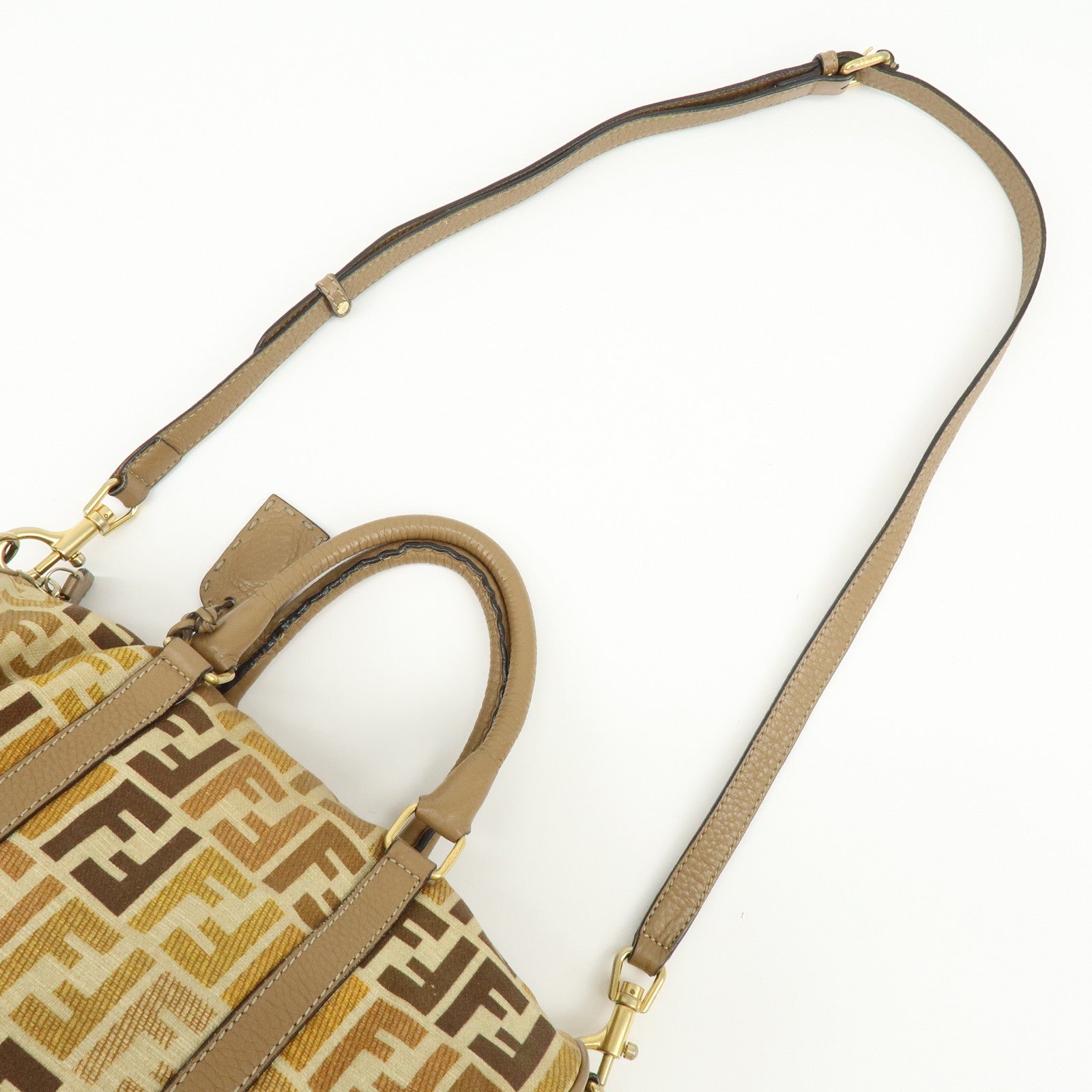 FENDI Zucca Seleria Canvas Leather 2Way Bag Shoulder Bag Brown Beige