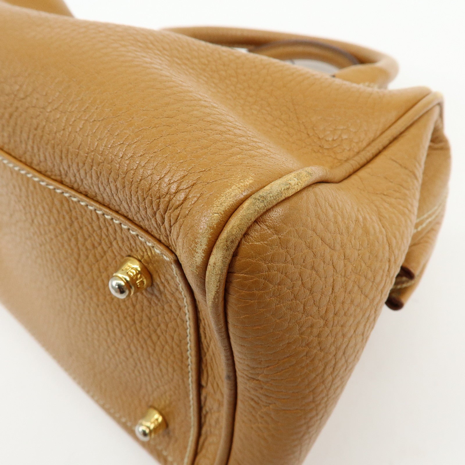 FENDI FF Logo Leather 2Way Bag Hand Bag Boston Bag Camel