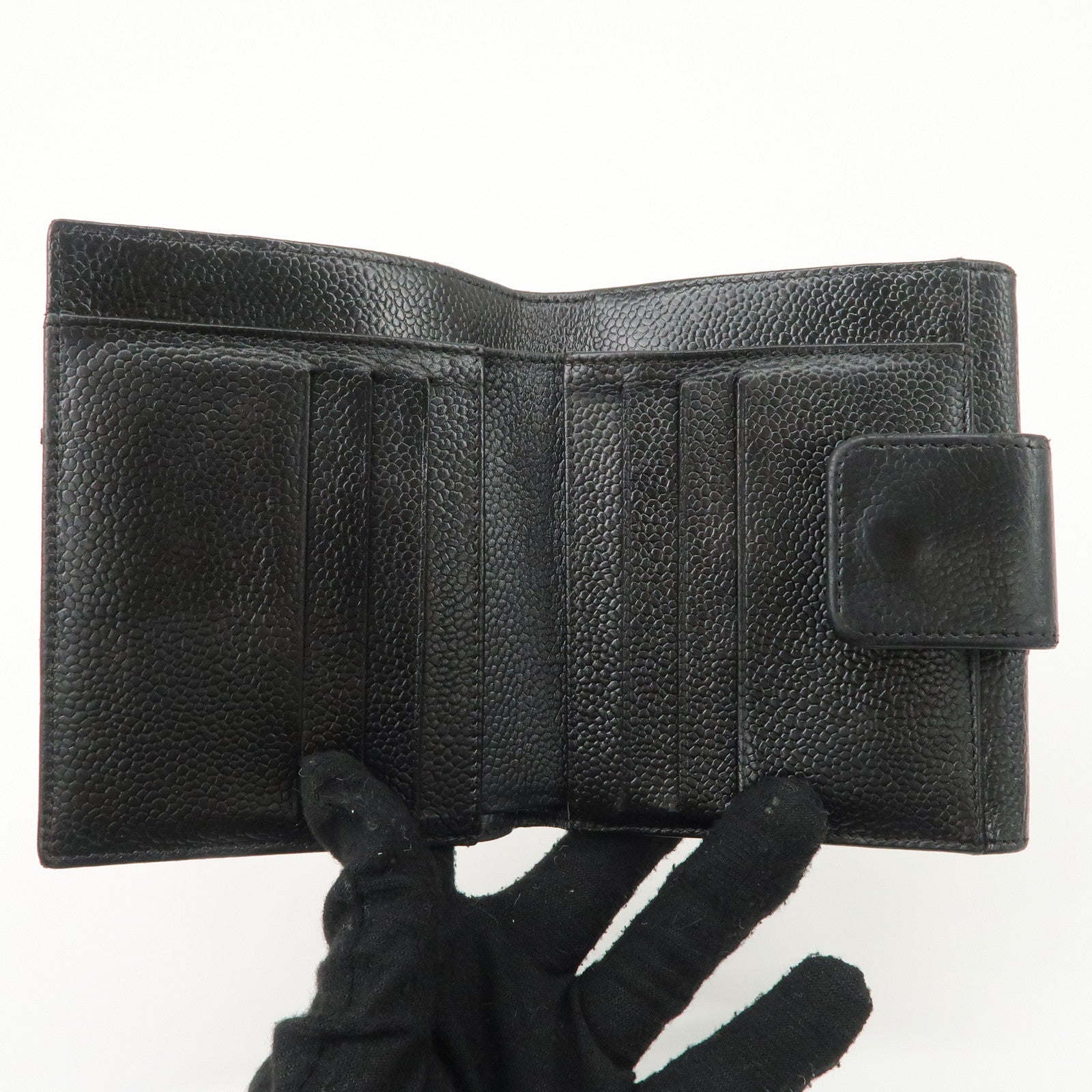 CHANEL Chocolate Bar Caviarskin W Hook Small Wallet Black Used