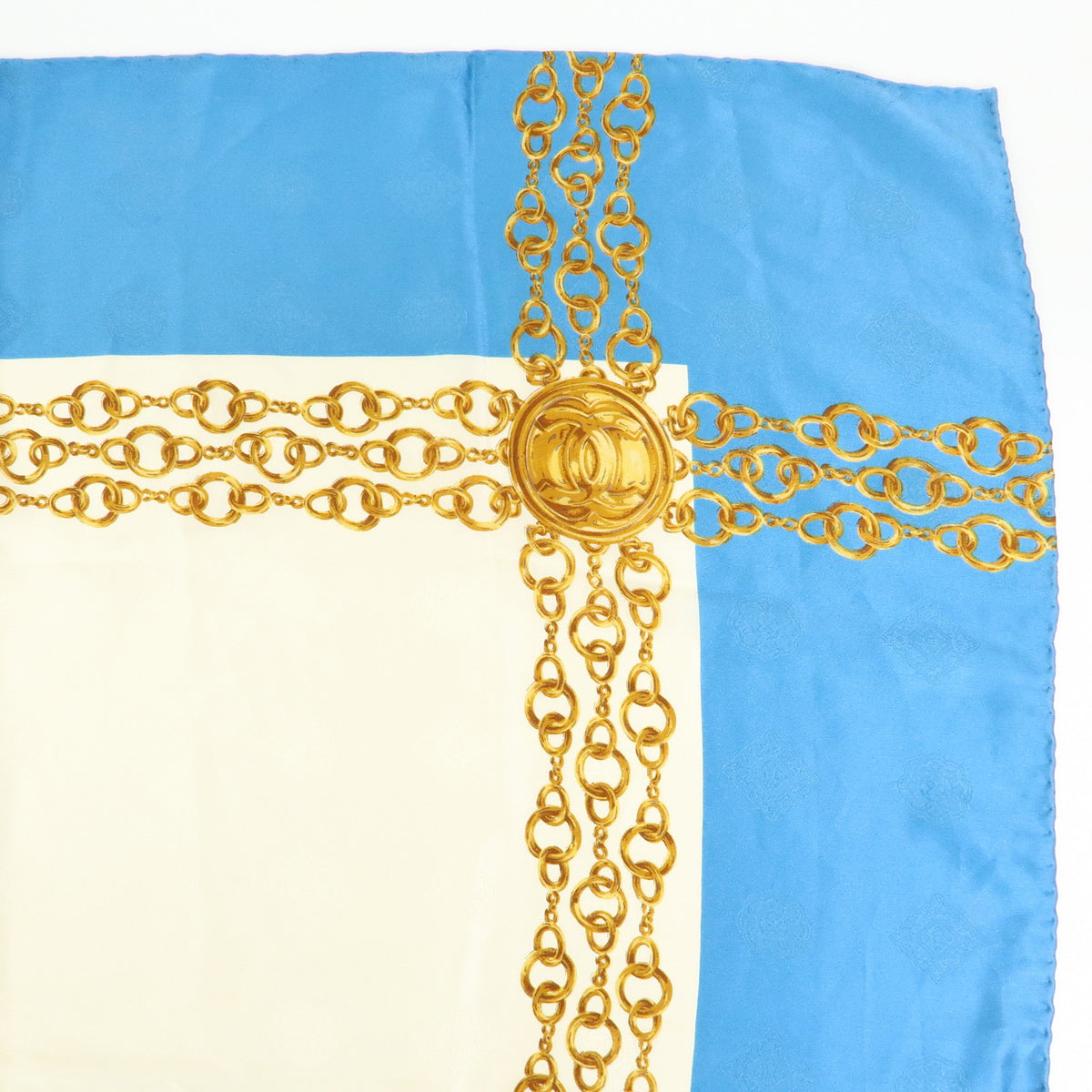 CHANEL Silk 100% Scarf Gold Chain Motif Light Blue White