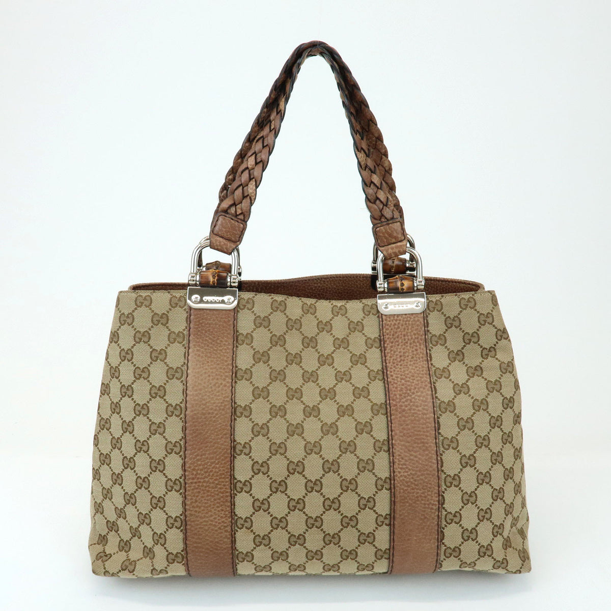 GUCCI Bamboo GG Canvas Leather Tote Bag Beige Brown 232947