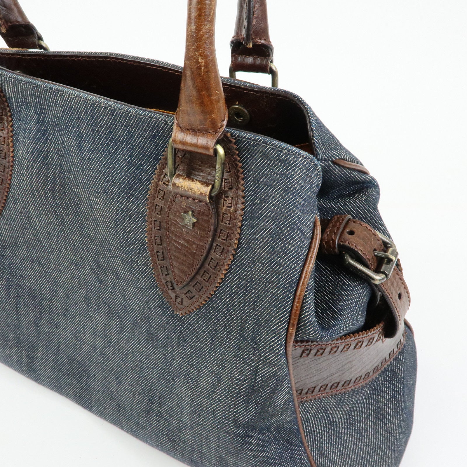 FENDI Etnico Leather Denim Tote Bag Shoulder Bag Brown Blue 8BN162