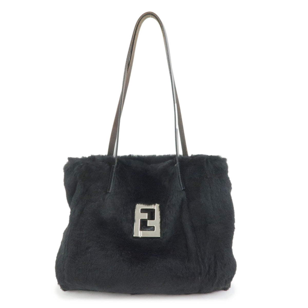 FENDI FF Logo Lapin Rabbit Fur Leather Shoulder Tote Bag Black 16001