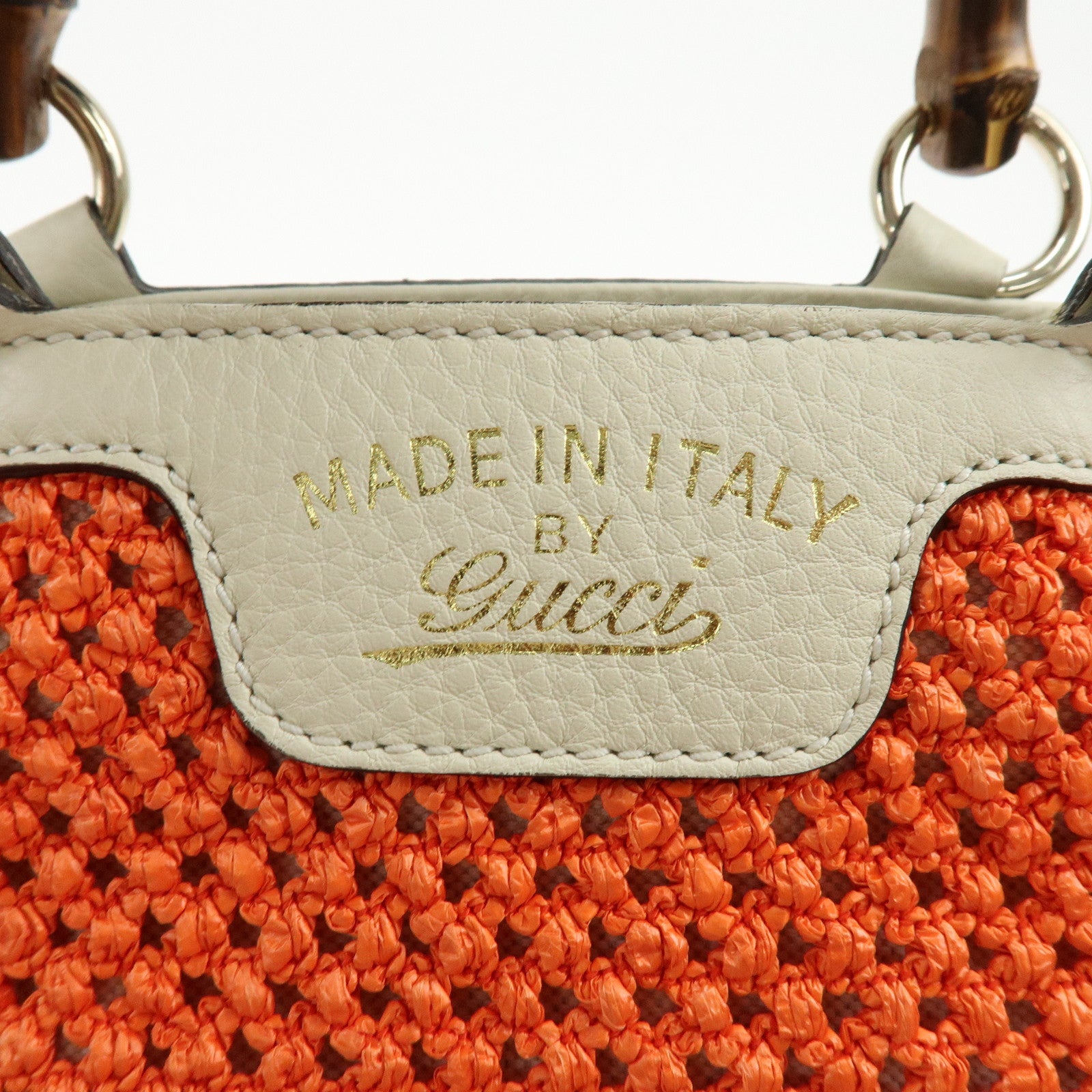 GUCCI Bamboo Raffia Leather Tote Bag Hand Bag Orange White 338965