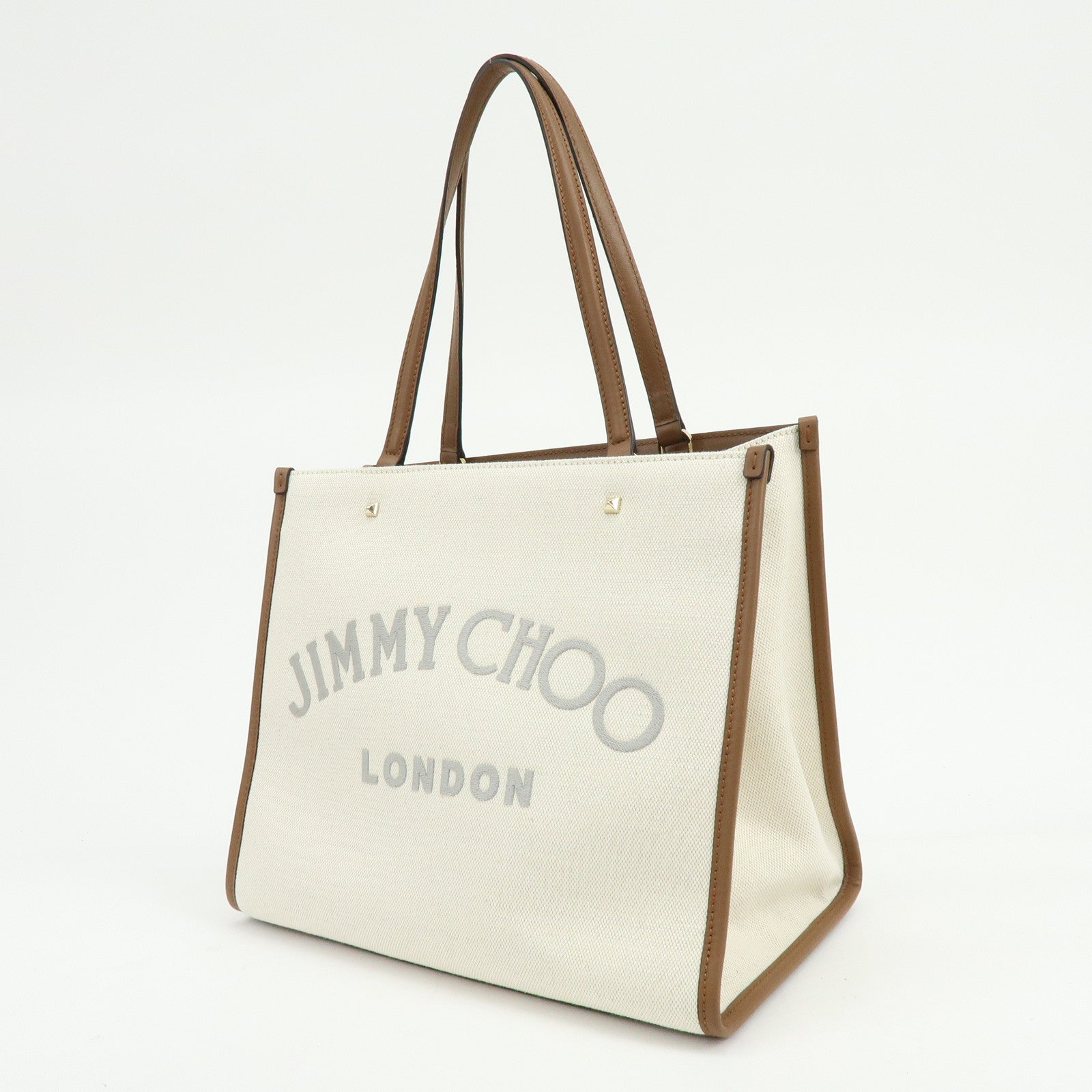 JIMMY CHOO Varennes Canvas Leather Tote Bag Shoulder Bag Ivory Brown