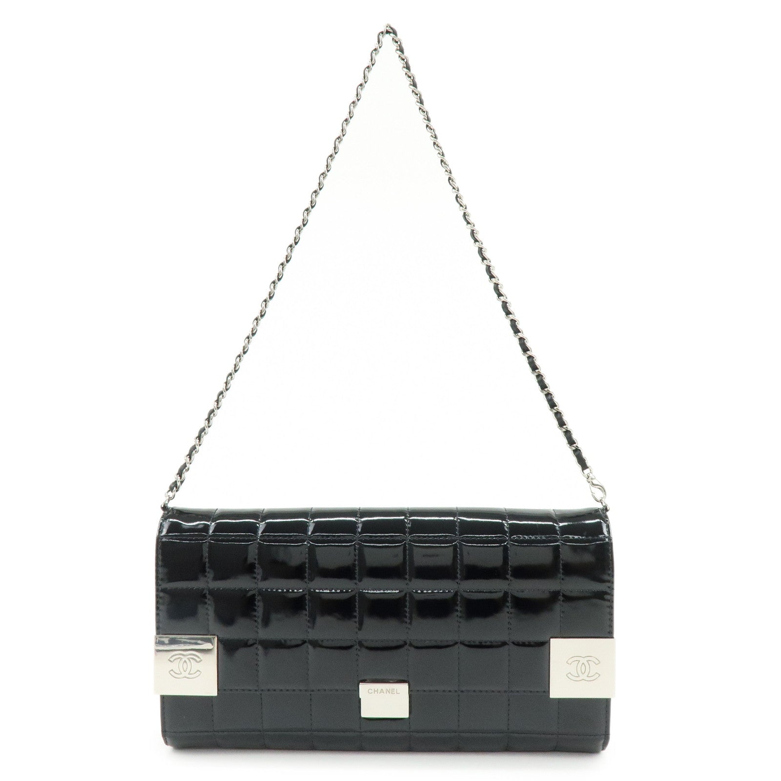CHANEL Chocolate Bar COCO Mark Patent Leather Shoulder Bag Black Silver