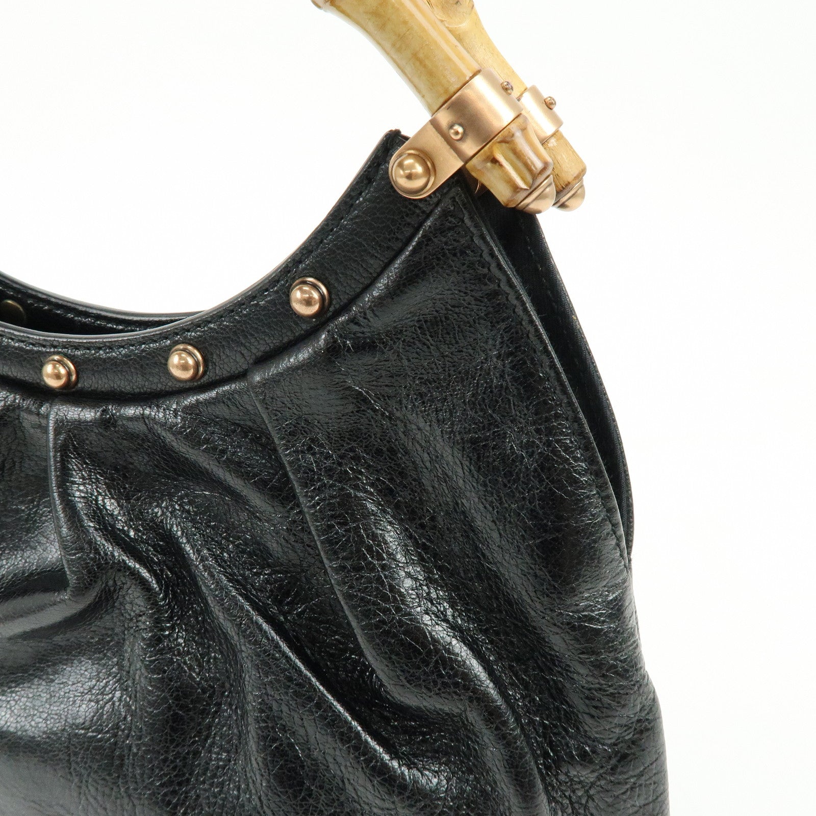 GUCCI Bamboo Leather Studs Hand Bag Tote Bag Black